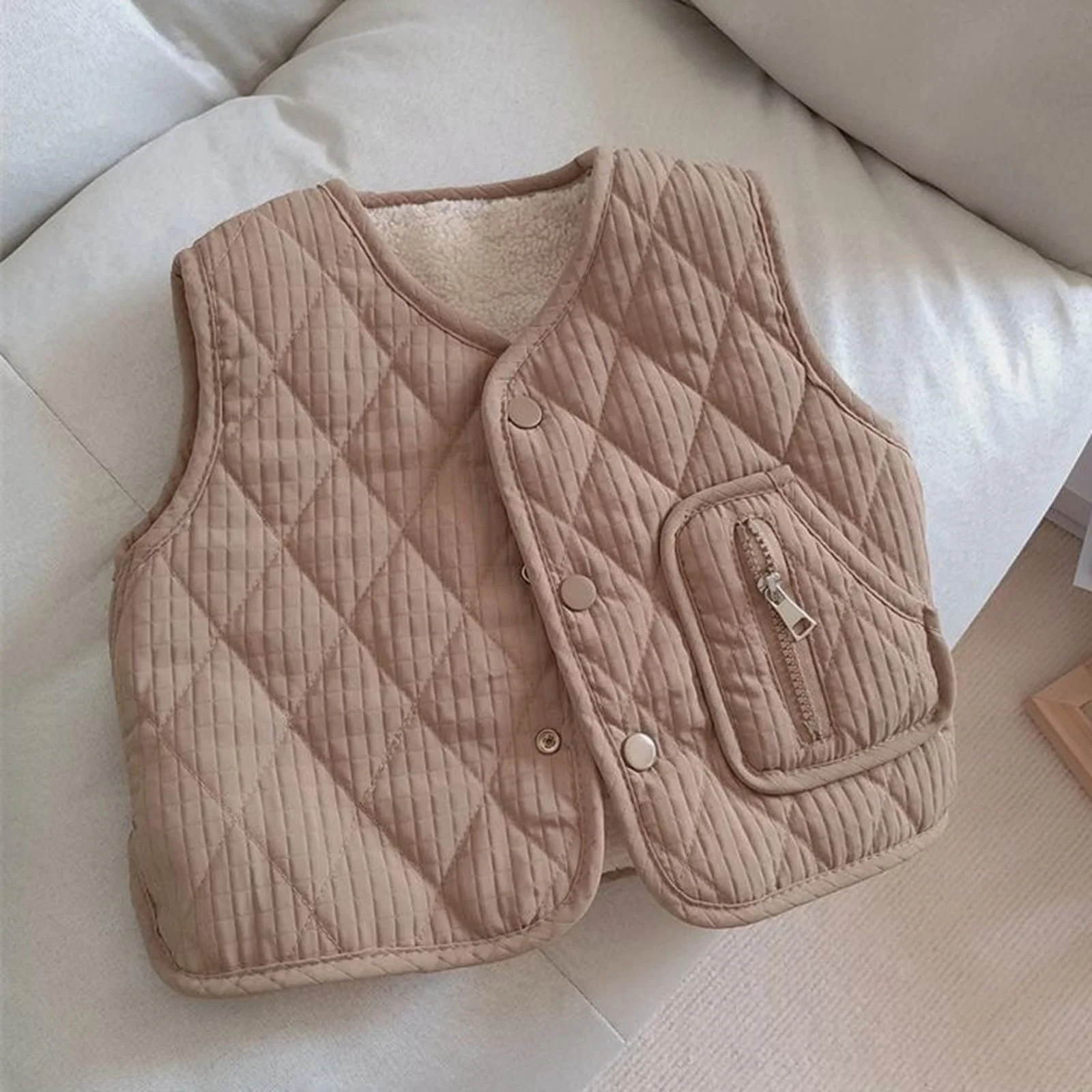 Жилет стеганый детский Однотонный Флисовый жилет Повседневный Без рукавов Переходной жилет на пуговицах с карманами Теплый Зимний жилет Легкий жилет для верховой езды, фото №2