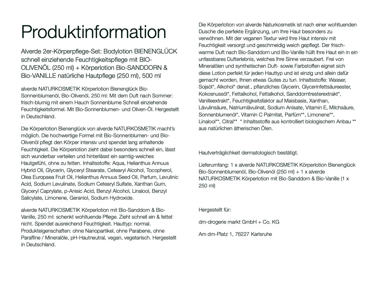 Лосьон для тела Alverde Bee Happiness Быстровпитывающийся Увлажняющий с органическим оливковым маслом + Лосьон для тела Органическая облепиха и органическая ваниль 250 мл, 500 мл, фото №1