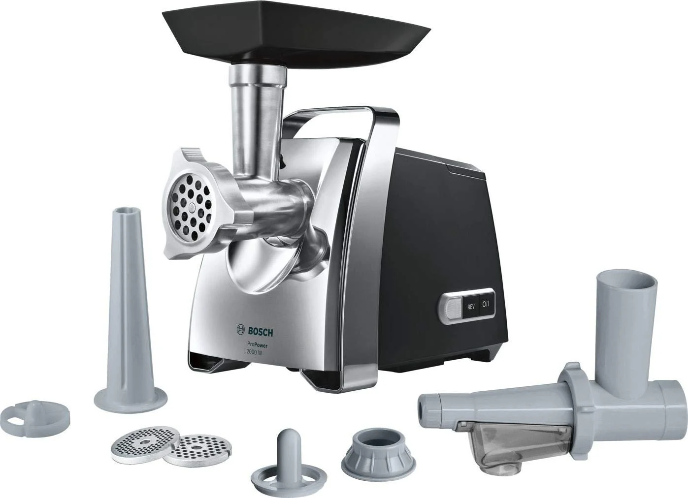 Мясорубка Bosch ProPower MFW67450 2000 Вт 3 диска насадка для колбас кеббе и соковыжималка Black Chrome, фото №1 Мясорубка Bosch ProPower MFW67450 2000 Вт 3 диска насадка для колбас кеббе и соковыжималка Black Chrome, фото №1
