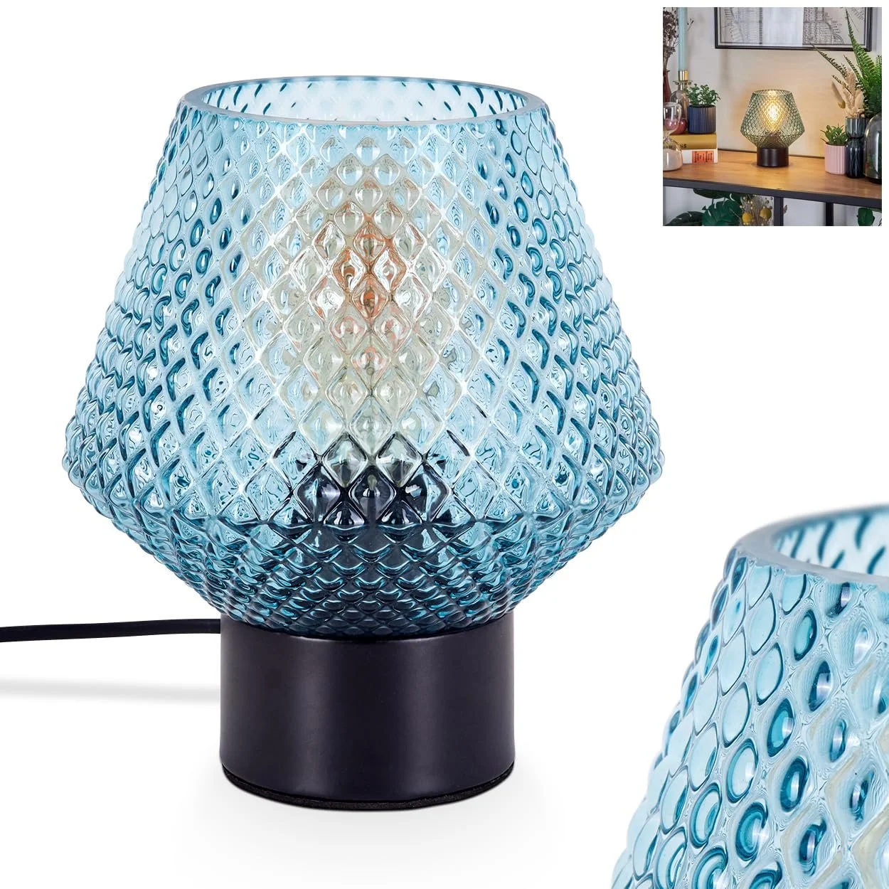 Настільна лампа HOFSTEIN Paderne Modern Vintage / Retro Design Метал / Скло Ø15 см E27 Чорний / Синій, фото №1