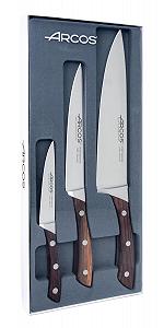 Набір ножів Arcos Natura, 3 предмети (ніж Mondador + кухонний ніж + ніж шеф-кухаря), кована нержавіюча сталь Nitrum, руків'я з палісандра, коричневий - Фото 1