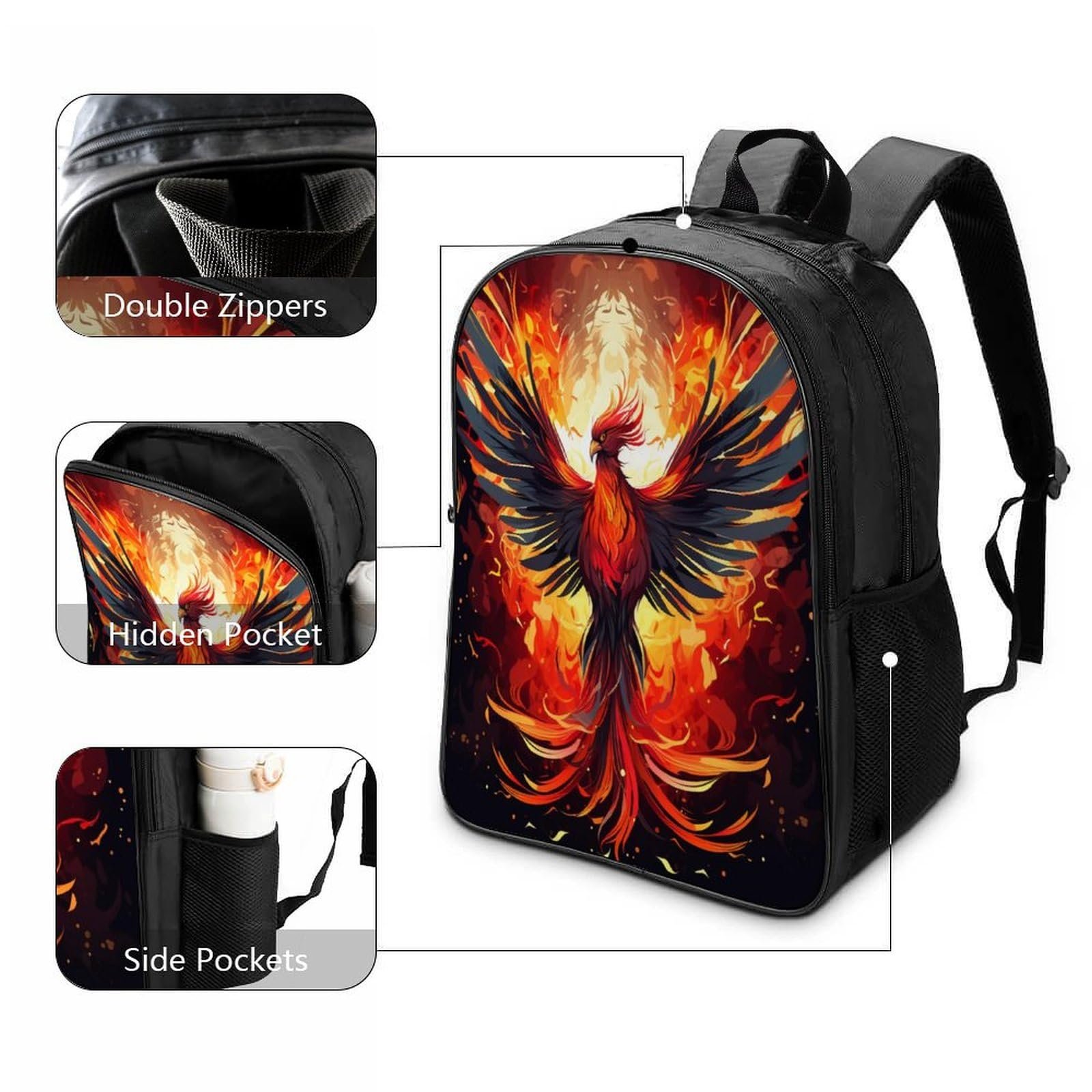 Ранець DPEOANEBN Fire Phoenix для школи для хлопчиків, дівчаток, підлітків, водонепроникний рюкзак, шкільний ранець для жінок і чоловіків, сумка для ноутбука, рюкзак 40x28x16 см, фото №3