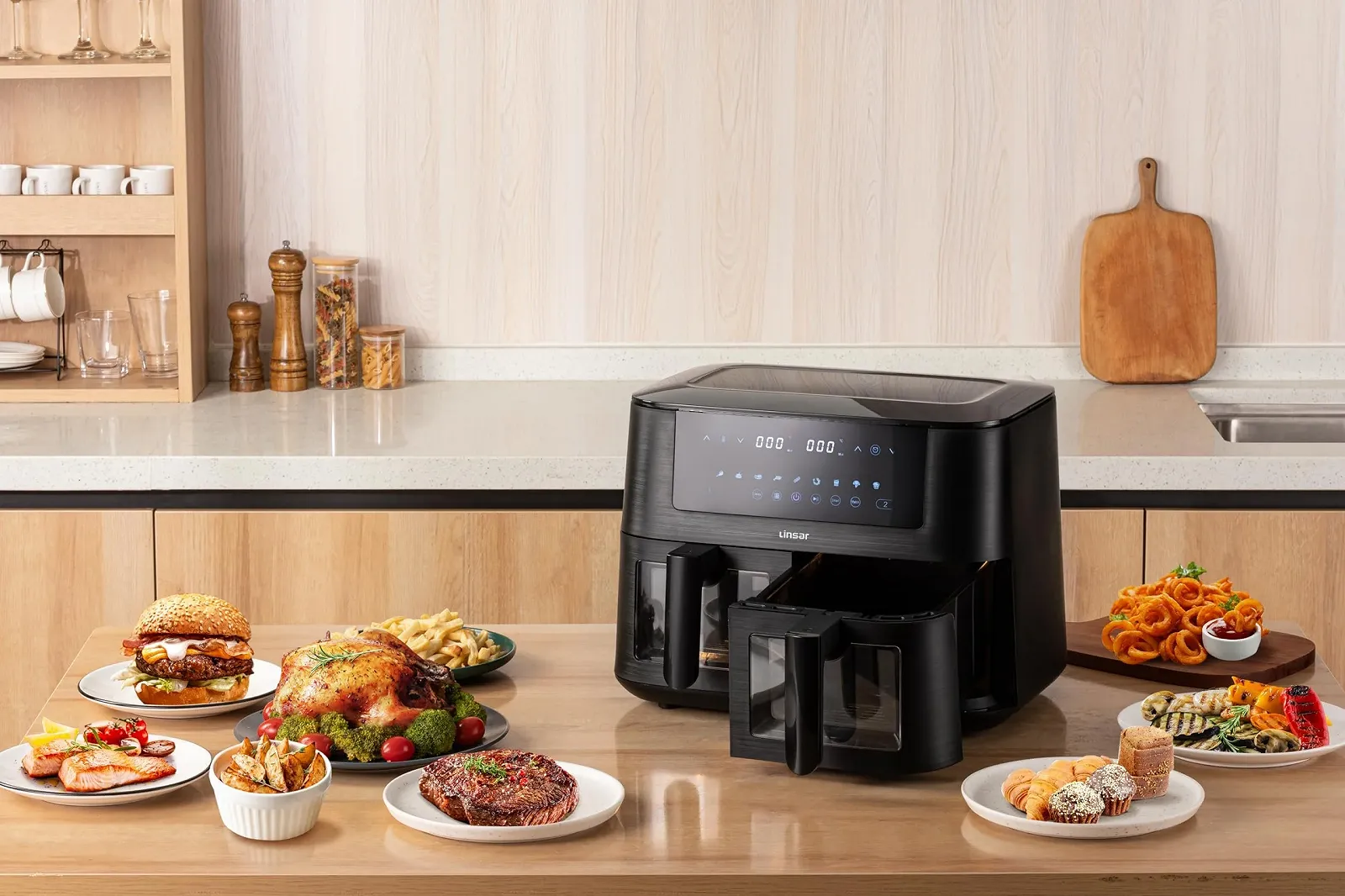 Мультипечь Linsar Dual Zone 8 л 2 корзины Смотровое окно Сенсорный экран 9 программ Dual Cook Sync Ready Technology 2570-3040 Вт Черная, фото №6 Мультипечь Linsar Dual Zone 8 л 2 корзины Смотровое окно Сенсорный экран 9 программ Dual Cook Sync Ready Technology 2570-3040 Вт Черная, фото №6