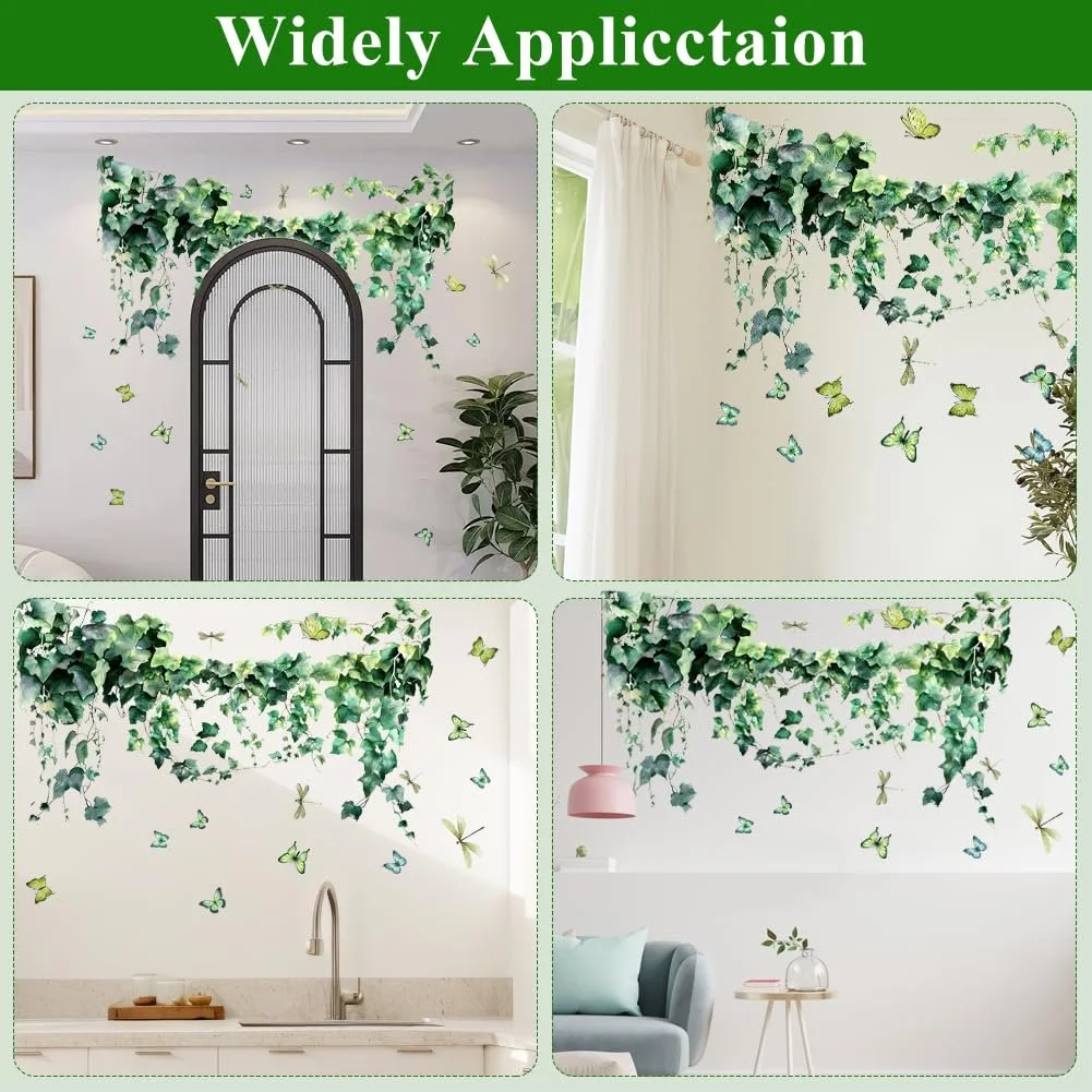 Наклейка на стіну Реалістичне листя плюща з метеликами та бабками Зелена ПВХ, фото №7
