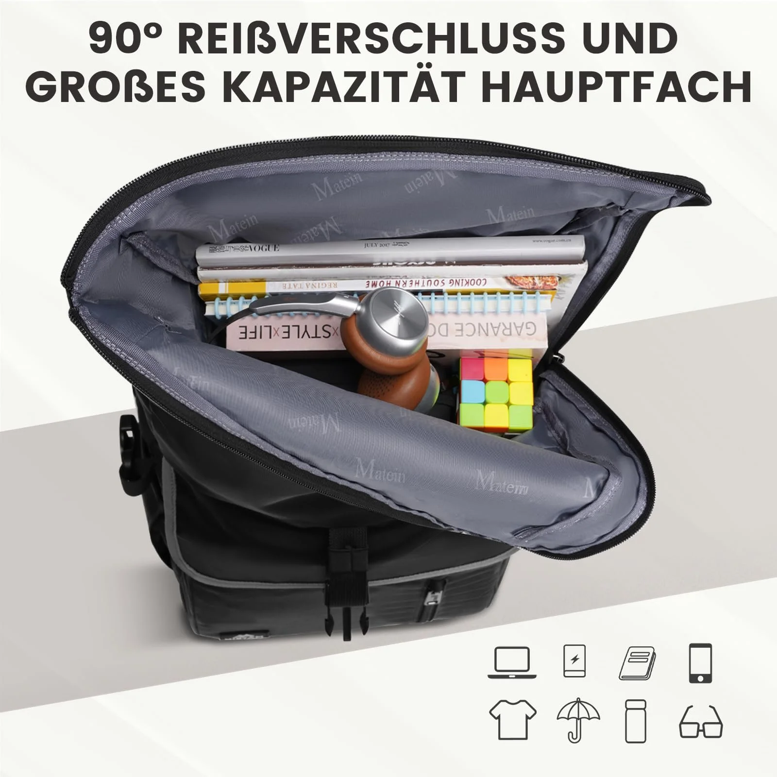Рюкзак для ноутбука MATEIN Rolltop Мужской Водонепроницаемый 36 л 17.3 дюйма с USB и RFID Черный, фото №3 Рюкзак для ноутбука MATEIN Rolltop Мужской Водонепроницаемый 36 л 17.3 дюйма с USB и RFID Черный, фото №3
