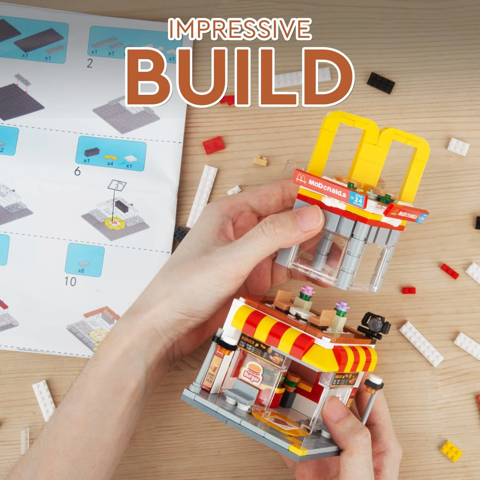 Строительные блоки Тип Городской БургерЛадeн HIGH GODO Вид на улицу Архитектура 243 шт. Друзья Бургер Бизнес Зажимные Строительные блоки Набор Забавный Пасхальный подарок для детей, мальчиков, девочек от 6 лет, фото №4