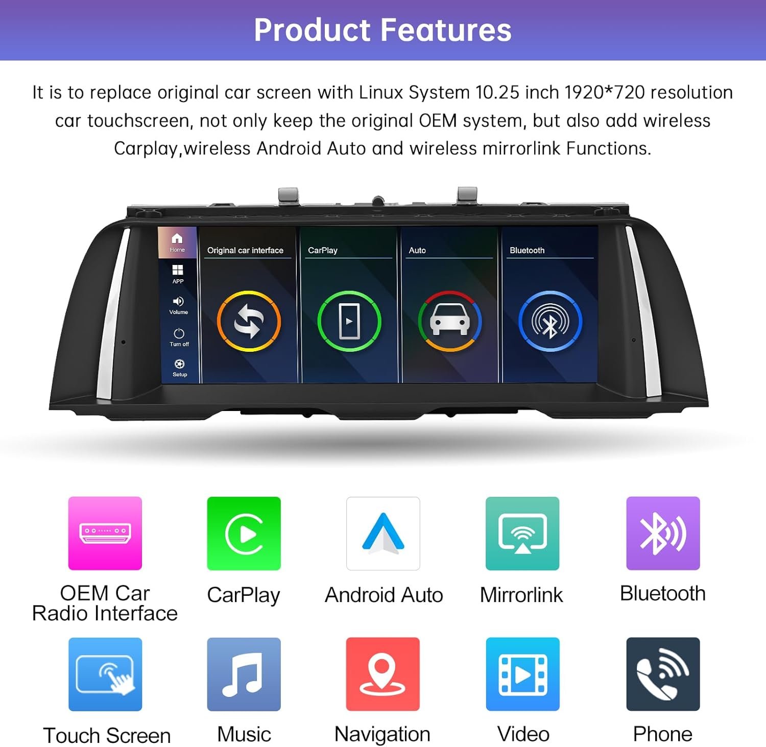 Штатна автомагнітола Road Top для BMW 5 Series F10/F11 2010-2011 Year with CIC System / 10.25" / Сенсорна / Linux / Apple CarPlay / Android Auto / Bluetooth / GPS / USB / AUX, фото №2