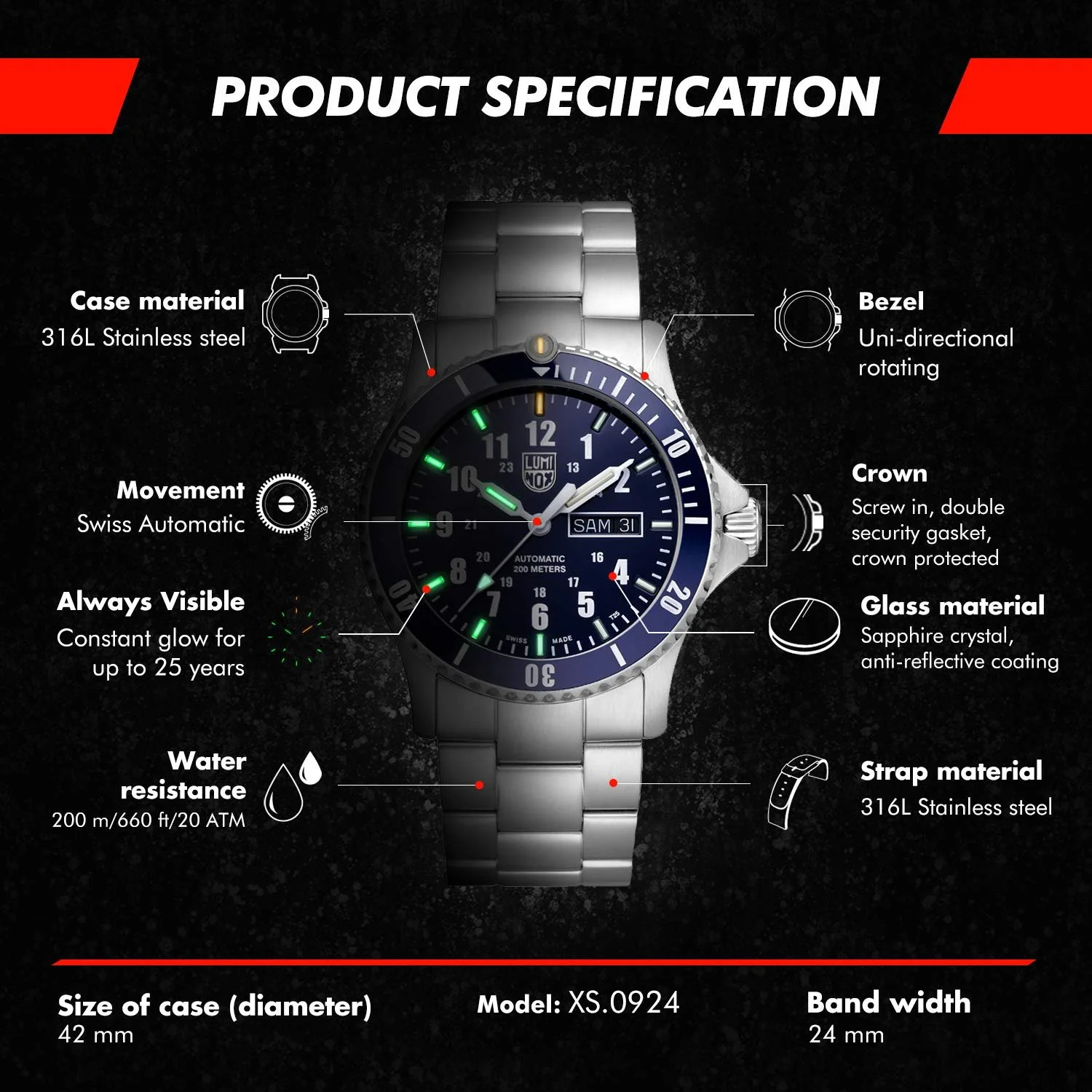 Часы Luminox Мужские Аналоговые Автоматические XS.0924 с ремешком из нержавеющей стали, фото №3 Часы Luminox Мужские Аналоговые Автоматические XS.0924 с ремешком из нержавеющей стали, фото №3