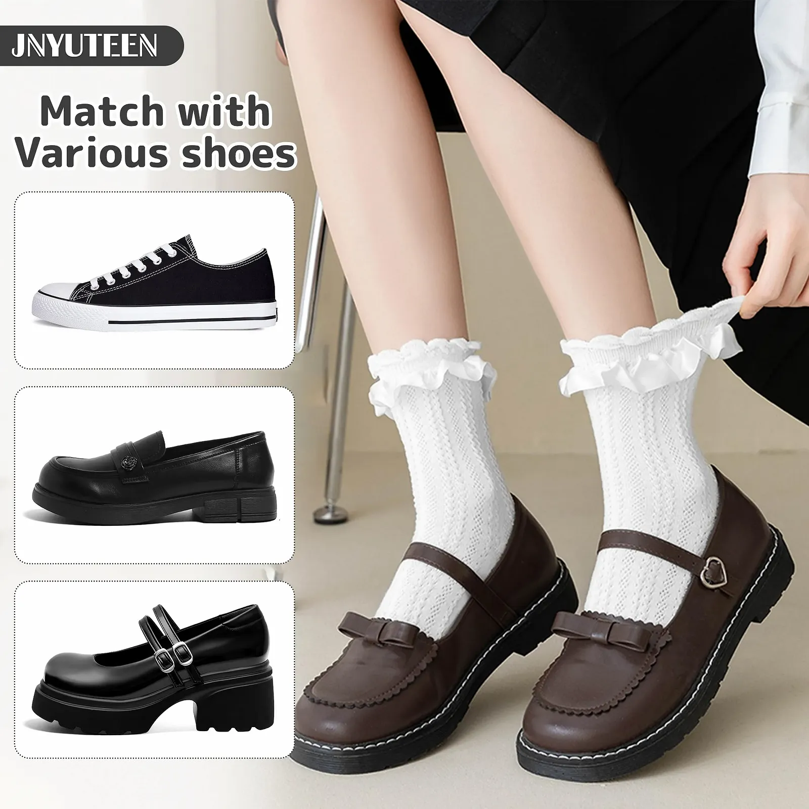 Носки с рюшами (6 пар) Хлопковые носки с рюшами Черный, Белый, Мягкие дышащие вязаные носки с рюшами для женщин, Один размер, фото №4 Носки с рюшами (6 пар) Хлопковые носки с рюшами Черный, Белый, Мягкие дышащие вязаные носки с рюшами для женщин, Один размер, фото №4