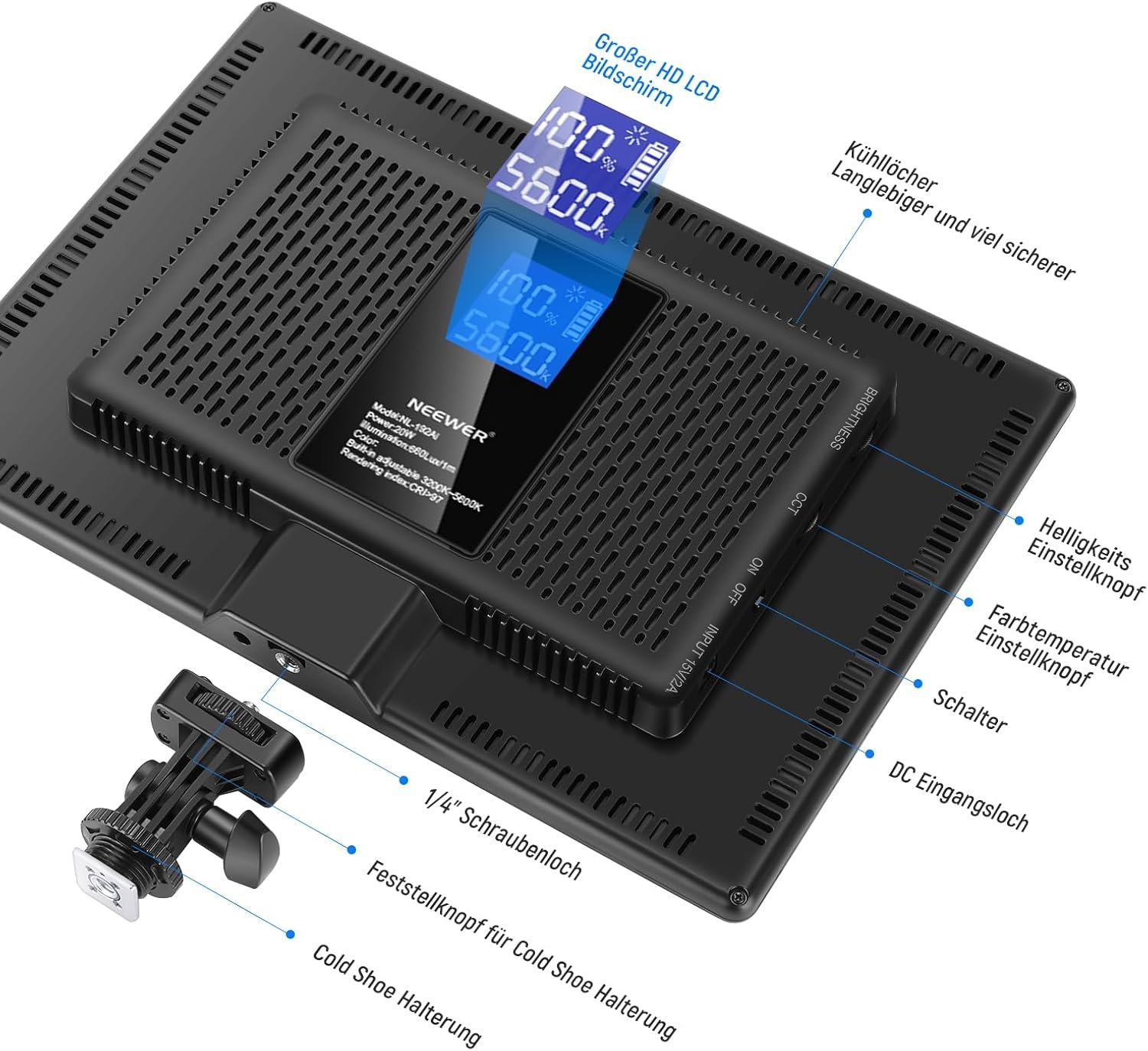 Студийный свет Neewer NL-192AI / 3200K–5600K / CRI 97+ / Черный, фото №6