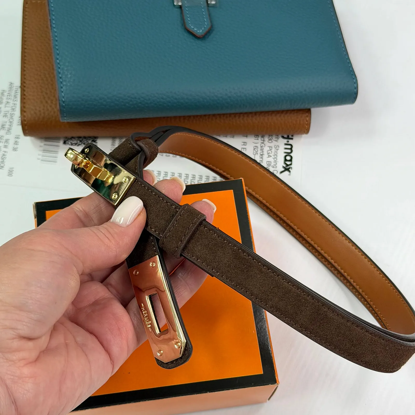 Ремень женский тонкий замшевый коричневый пояс Hermes Kelly, фото №7