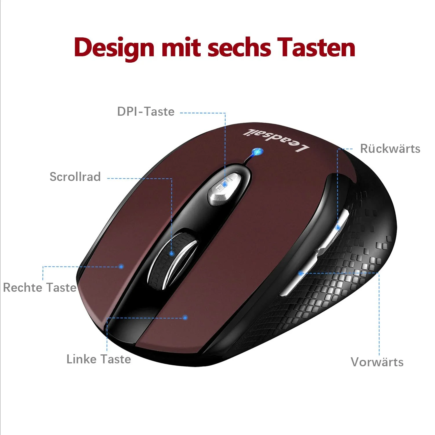 Мышь Беспроводная LeadsaiL 1600 DPI 6 Кнопок Красный, фото №5 Мышь Беспроводная LeadsaiL 1600 DPI 6 Кнопок Красный, фото №5