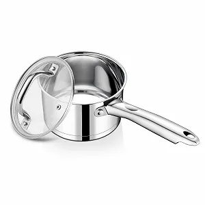 Кастрюля TEAMFAR Малая из нержавеющей стали для молока 14 см Индукционная со стеклянной крышкой 3-слойное дно для всех плит 0.9 л - Фото 1