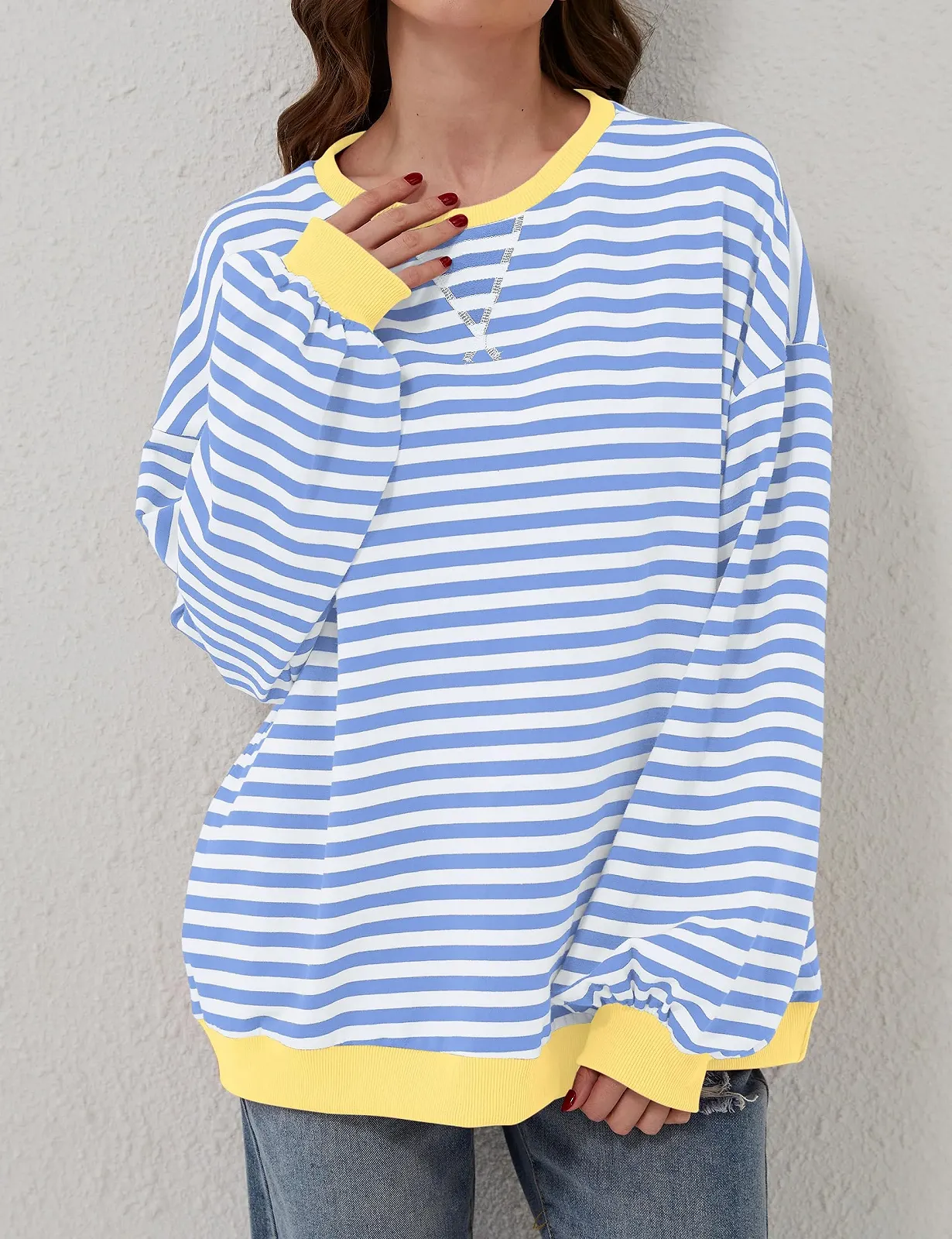 Женская рубашка TERIVEEK Oversized в полоску, колор-блок, с длинными рукавами, круглым вырезом, повседневная, свободного кроя в стиле Y2K, фото №5 Женская рубашка TERIVEEK Oversized в полоску, колор-блок, с длинными рукавами, круглым вырезом, повседневная, свободного кроя в стиле Y2K, фото №5