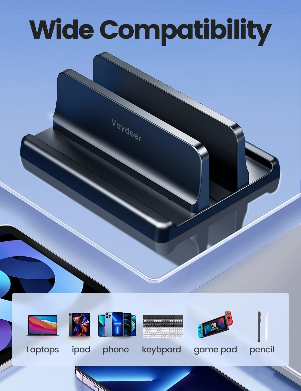 Вертикальная подставка VAYDEER, 3-в-1, для ноутбука, до 17,3 дюймов, черная, фото №5