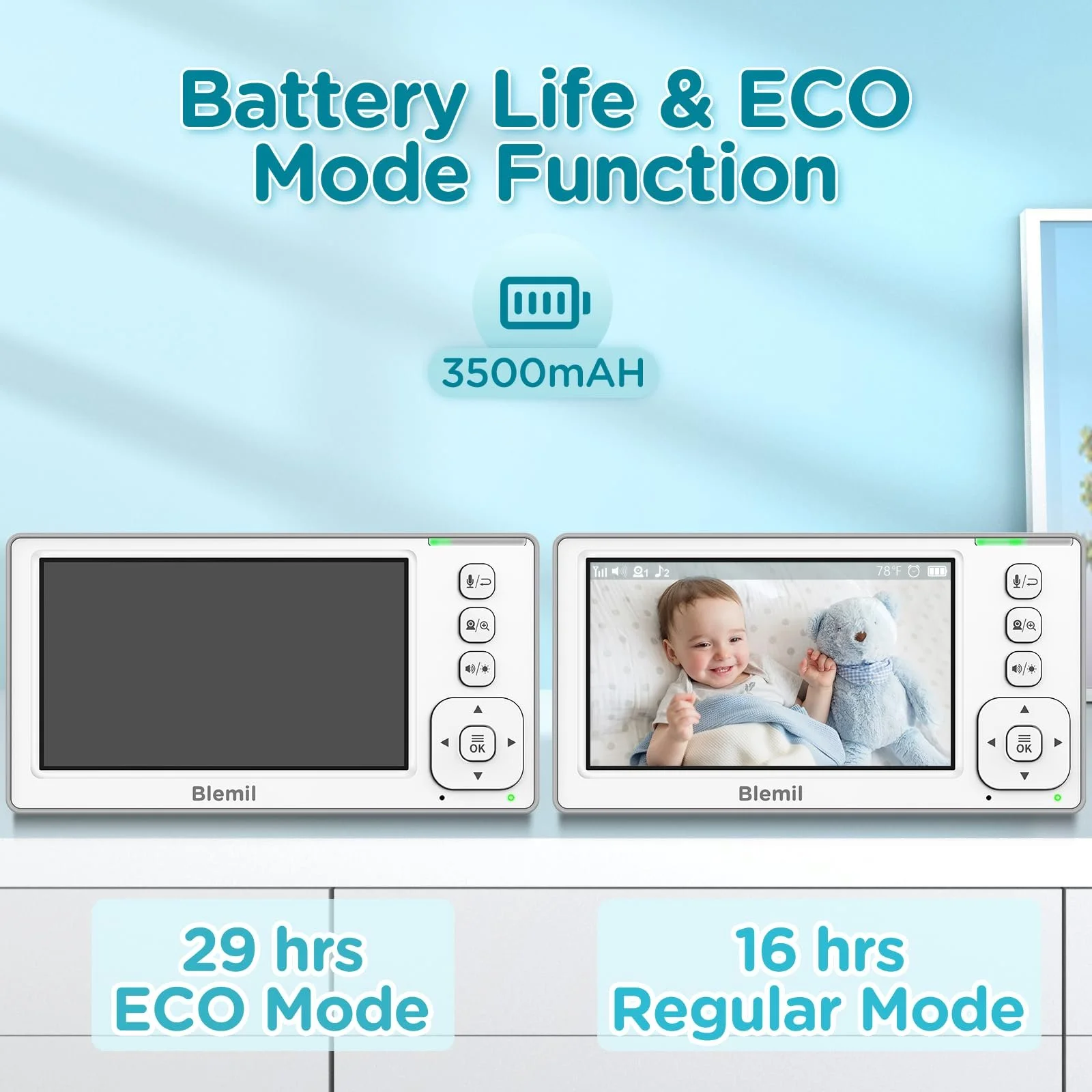 Відеоняня Blemil Updated Version 4.3 Inch IPS Split-Screen 29-Hour Battery Pan/Tilt/Zoom 2 Cameras 2X Zoom No WiFi, фото №4 Відеоняня Blemil Updated Version 4.3 Inch IPS Split-Screen 29-Hour Battery Pan/Tilt/Zoom 2 Cameras 2X Zoom No WiFi, фото №4