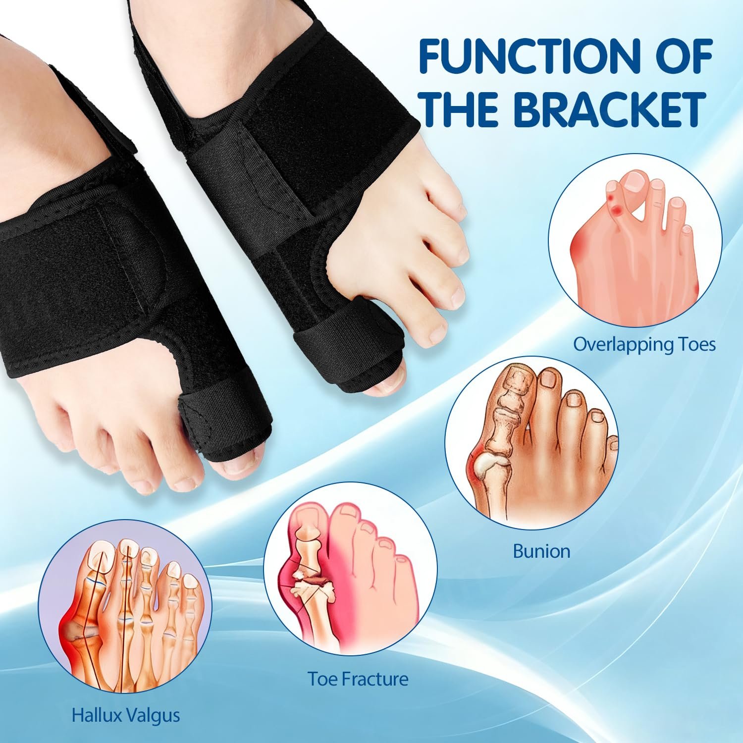 Шина для коррекции Hallux Valgus Регулируемая шина для большого пальца стопы для дня и ночи Универсальный размер для мужчин и женщин Черный Правый, фото №5