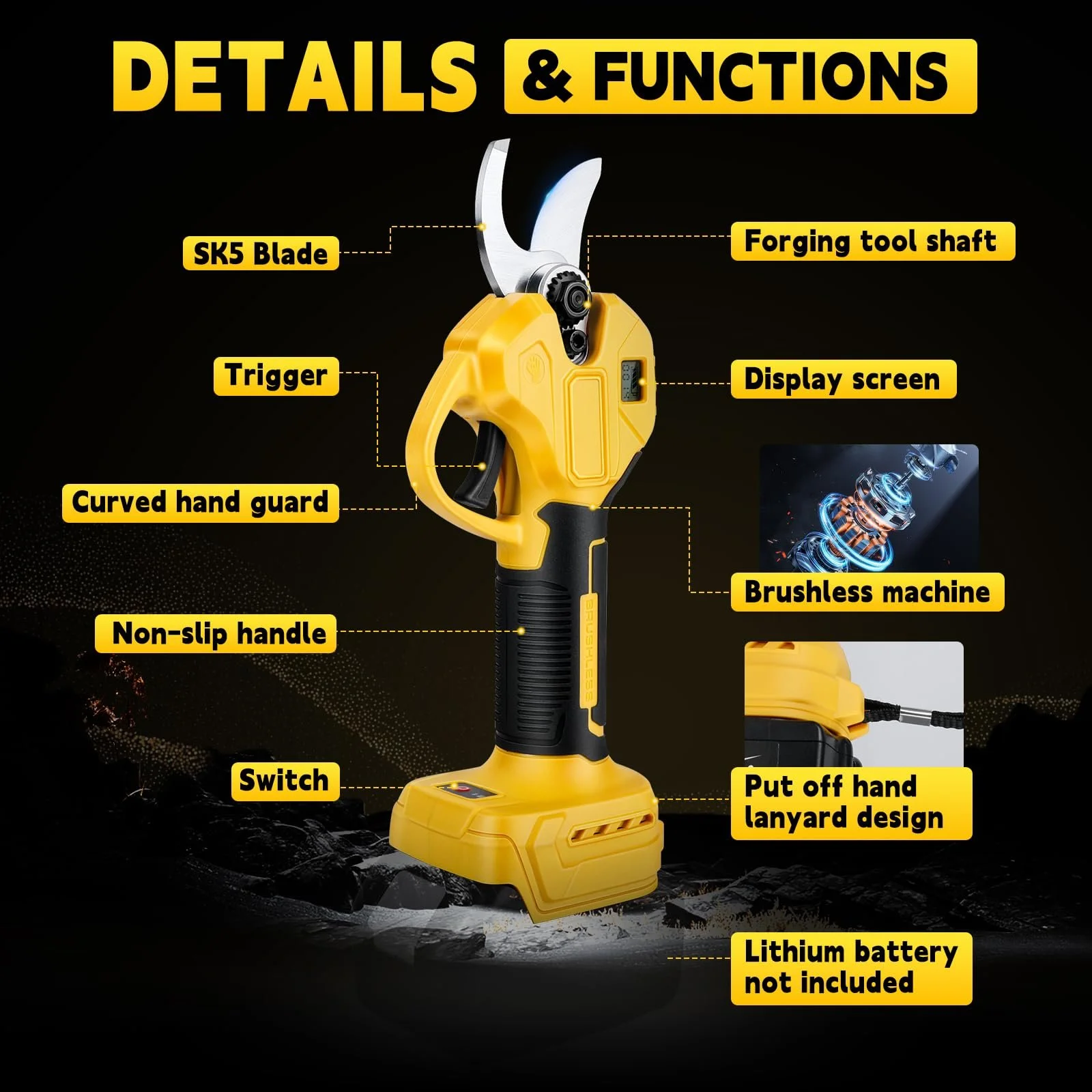 Акумуляторний секатор Electric Secateurs Wireless 45 мм для Dewalt 18 V 20 V Brushless Motor Electric Pruning Saw Battery Scissors LCD для обрізання дерев фруктових дерев (без акумулятора), фото №3