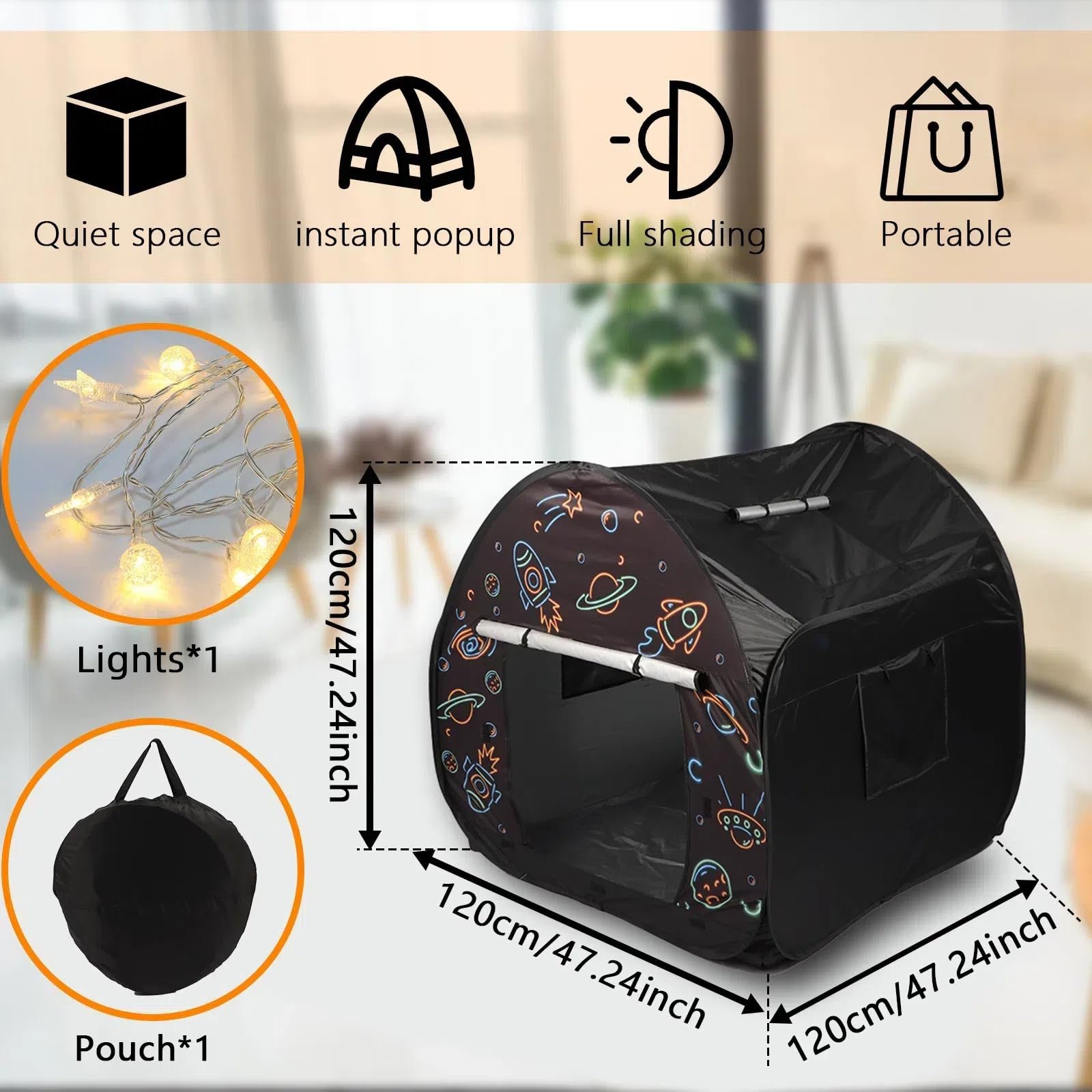Тент Ysityum Сенсорный для детей с аутизмом, очень большой 47 x 47 дюймов, игровой, всплывающий, с окном и дверцей, черный, фото №7