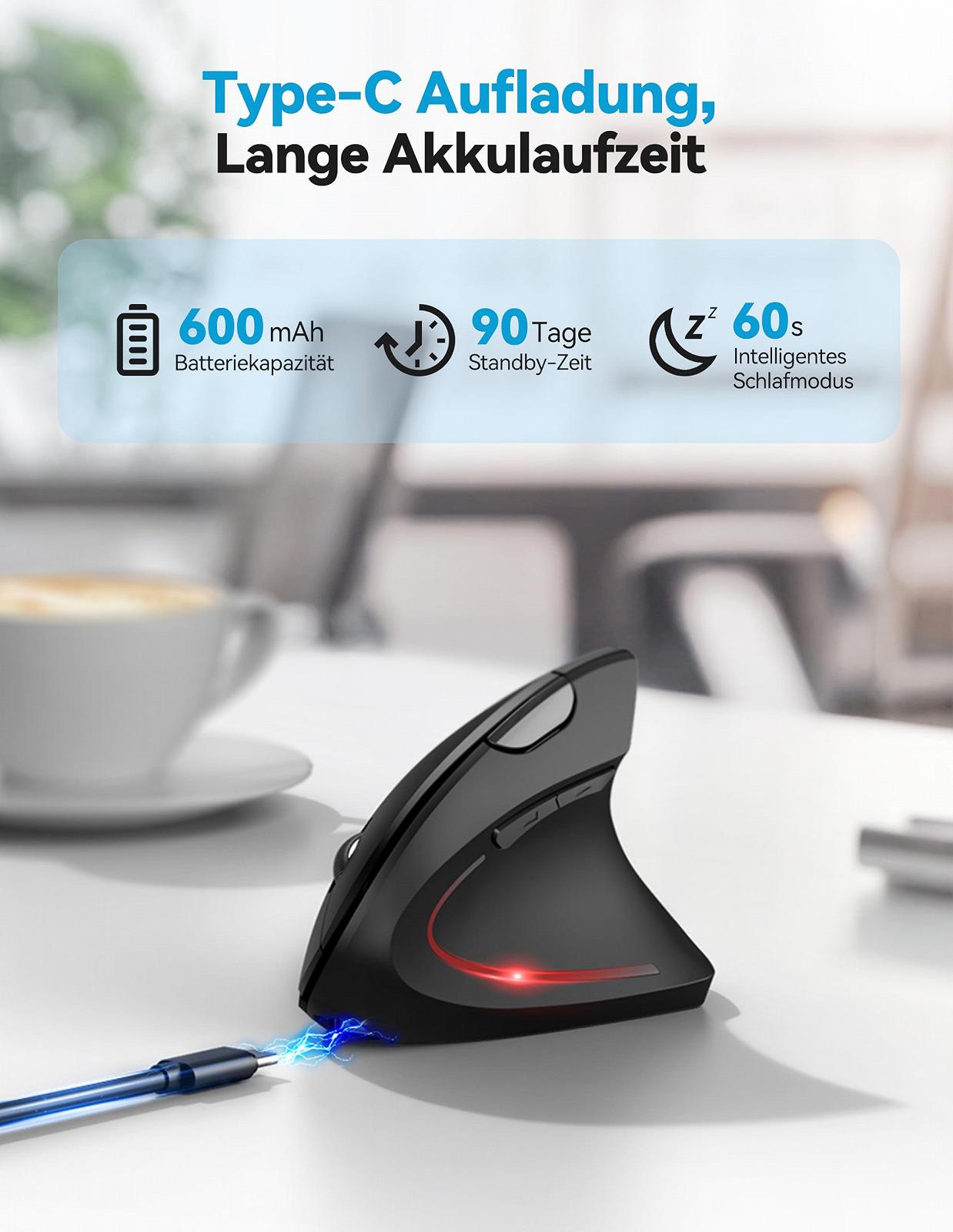 Мышь TECKNET Беспроводная Bluetooth, Jiggler, Эргономичная (BT 5.0/3.0 + 2.4G), 6 уровней регулировки до 4800 DPI, Оптическая, Тихая, Вертикальная, фото №3