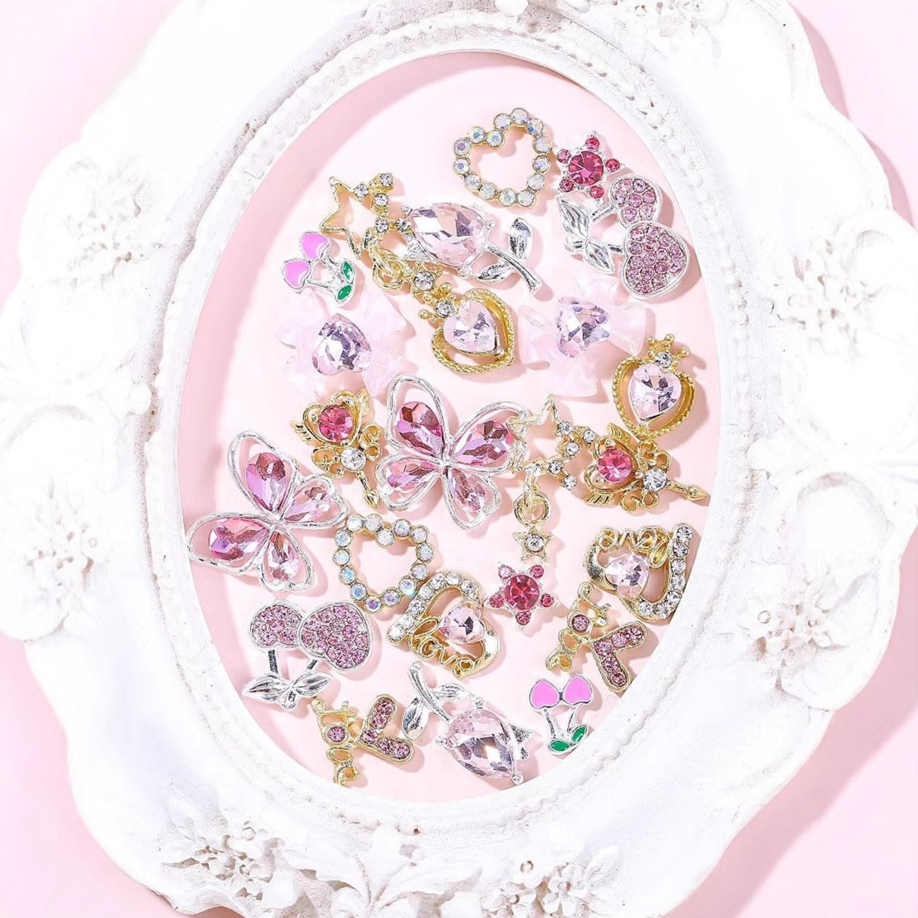 Набір прикрас для нігтів (24 шт.) Квіти Прикраса для нігтів Вишня Зірка Бант Камені Блискітки, фото №4