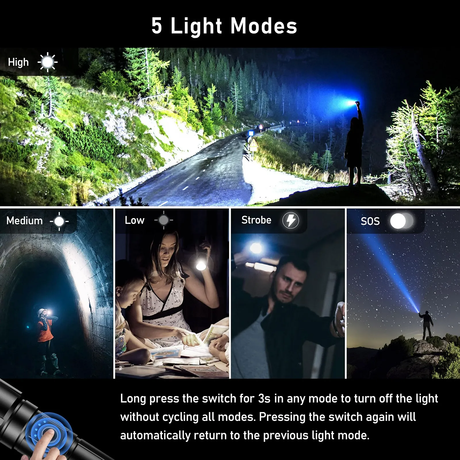 Ліхтар Blukar LED Перезаряджуваний 500 000 люмен тактичний зумований 5 режимів IP67 водонепроникний для кемпінгу, походів, риболовлі, надзвичайних ситуацій, фото №4