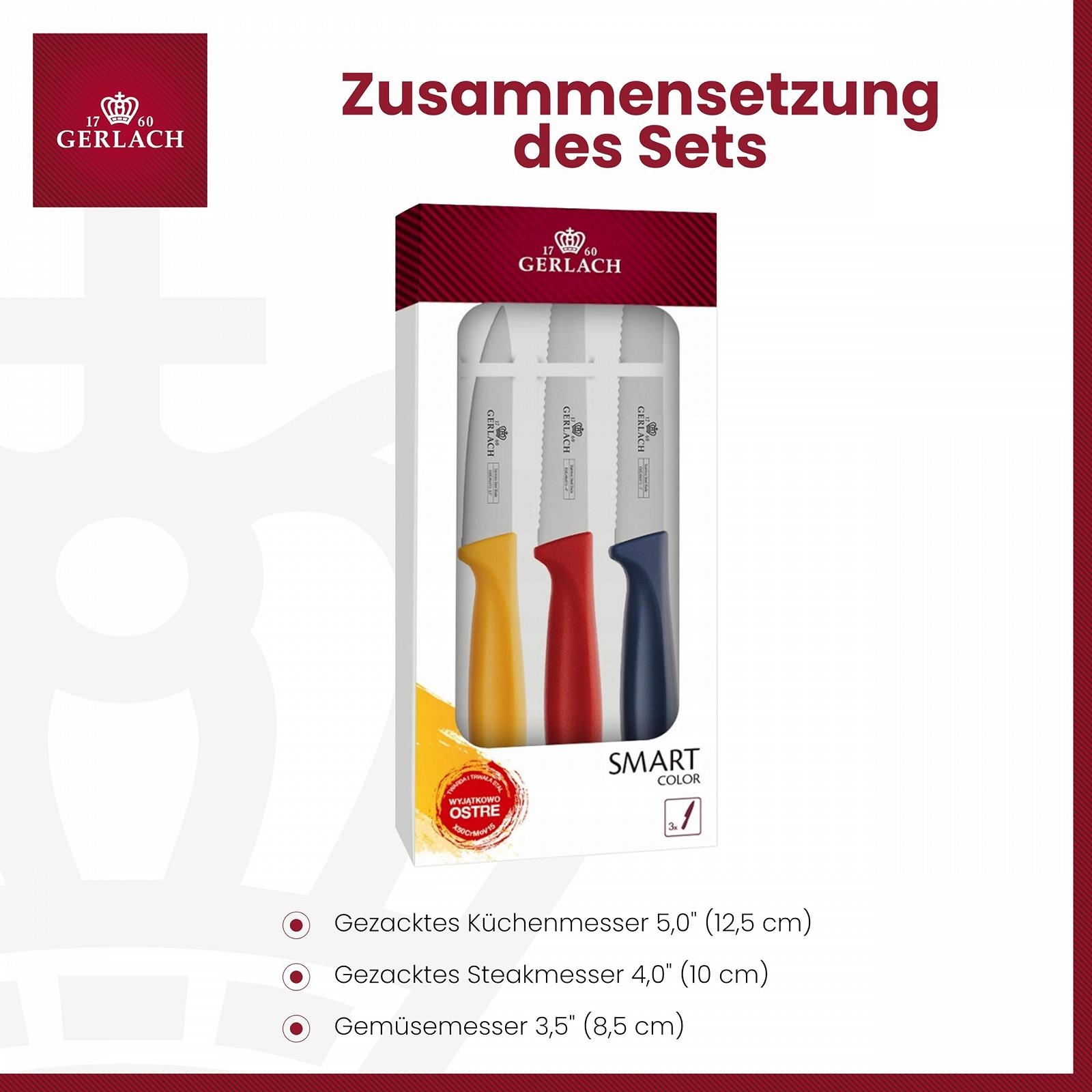 Набір кухонних ножів Gerlach Smart Color, 3 ножі з нержавіючої сталі: ніж для овочів 3,5 дюйма, ніж для стейка 4 дюйма, кухонний ніж 5 дюймів, фото №4