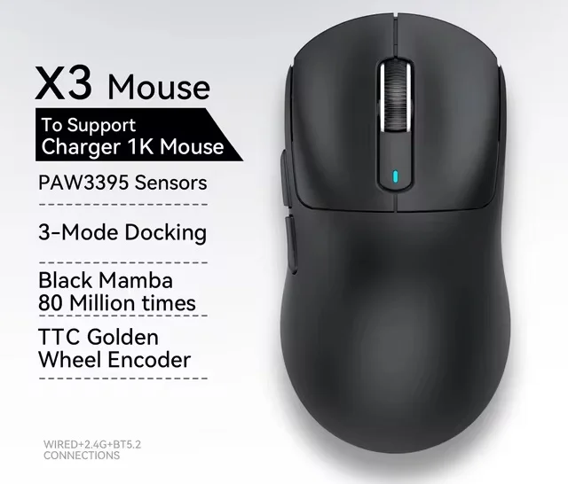 Мышь Attack Shark X3 PAW3395 Pixart Black Mamba BT5.2 Black, фото №1