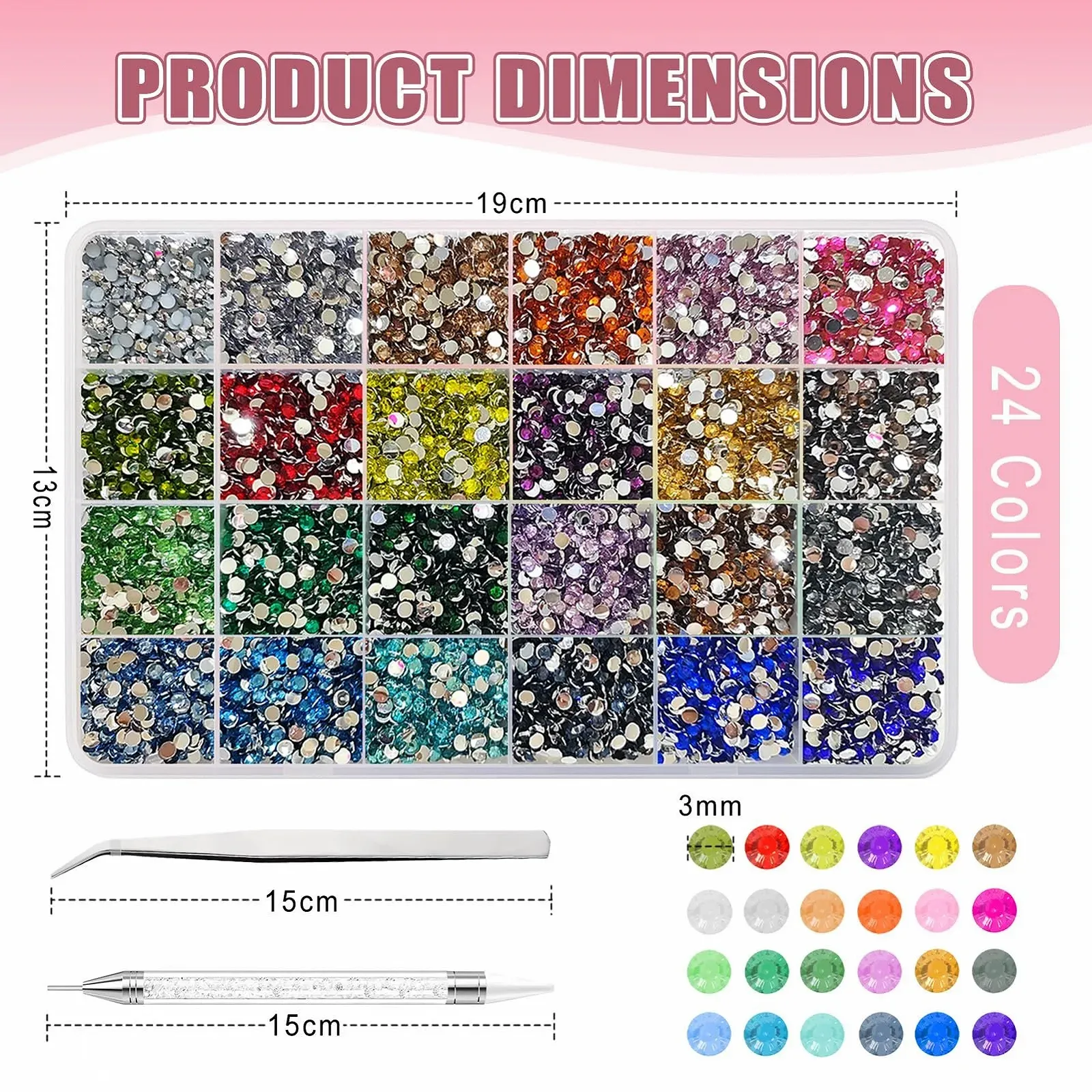 Стразы для ногтей 3 мм, 24 цвета, 24000 шт в упаковке, фото №2