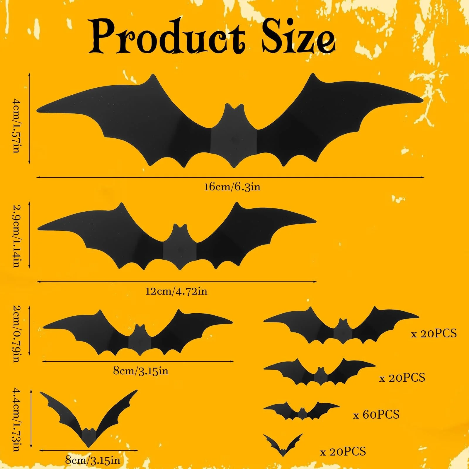 Наклейки на стіну Набір 120 шт. Хелловін Кажани 4 розміри 3D Чорні, фото №1