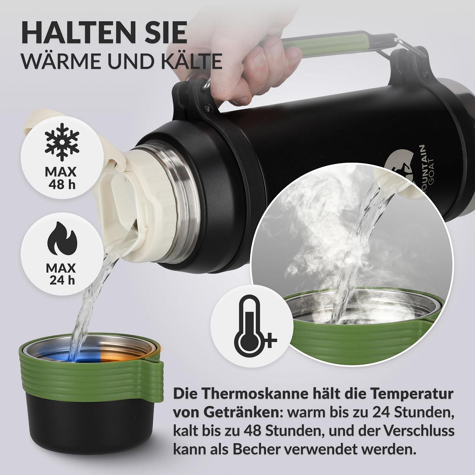 Термос MOUNTAIN GOAT XXL 2 l нержавіюча сталь, з ручкою, 24 години тепла, 48 годин холоду, герметичний, чорний/зелений, фото №5 Термос MOUNTAIN GOAT XXL 2 l нержавіюча сталь, з ручкою, 24 години тепла, 48 годин холоду, герметичний, чорний/зелений, фото №5
