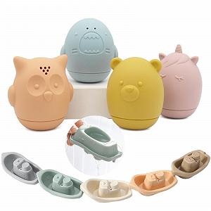 Набір іграшок для ванни: 4 тваринки, що бризкаються + 5 човників з безпечного силікону - Фото 1