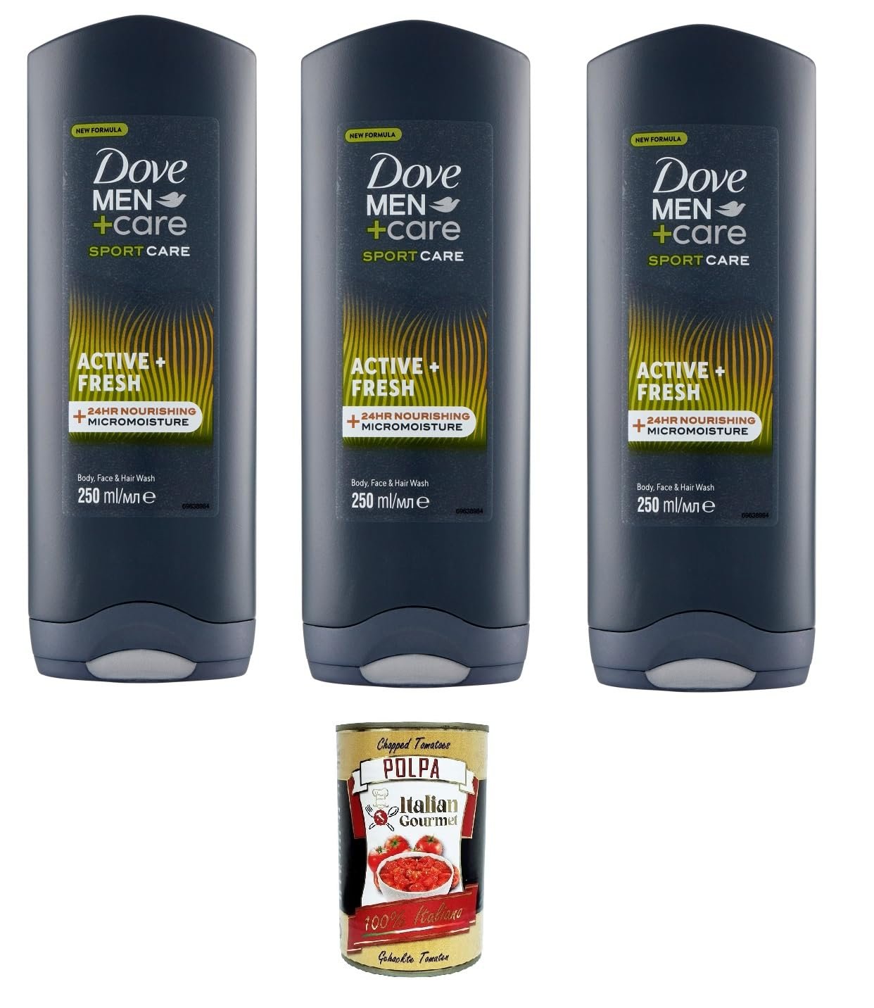 Засіб для миття тіла, обличчя та волосся D.Men+Care Sport Care Active + Fresh 3 х 250 мл + італійська м'якоть томатів 400 г, фото №1