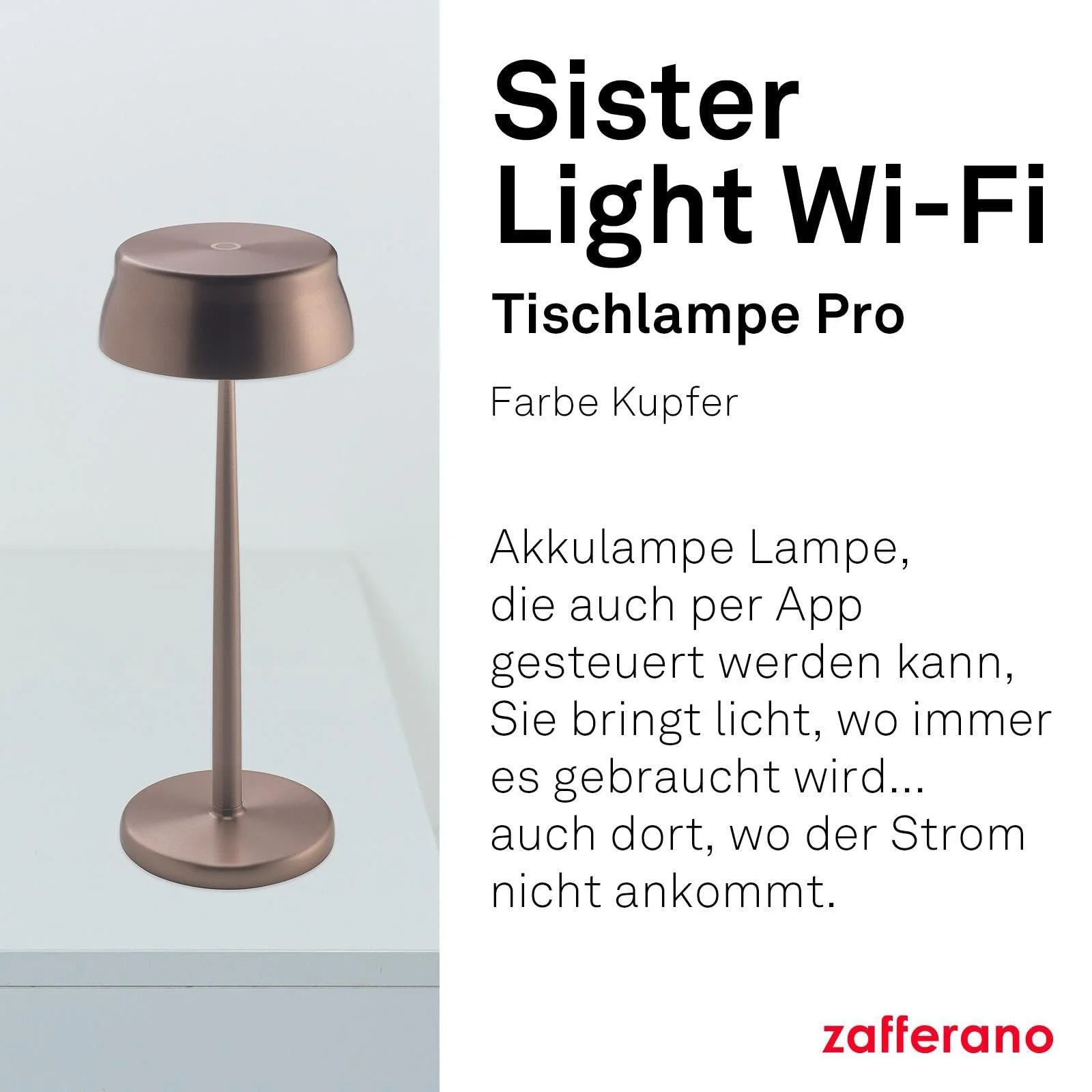Настільна лампа Zafferano Sister Light Wi-Fi акумуляторна бездротова з дистанційним керуванням ступінчастий димер 2200-4000K висота 32.8 см колір мідь, фото №2