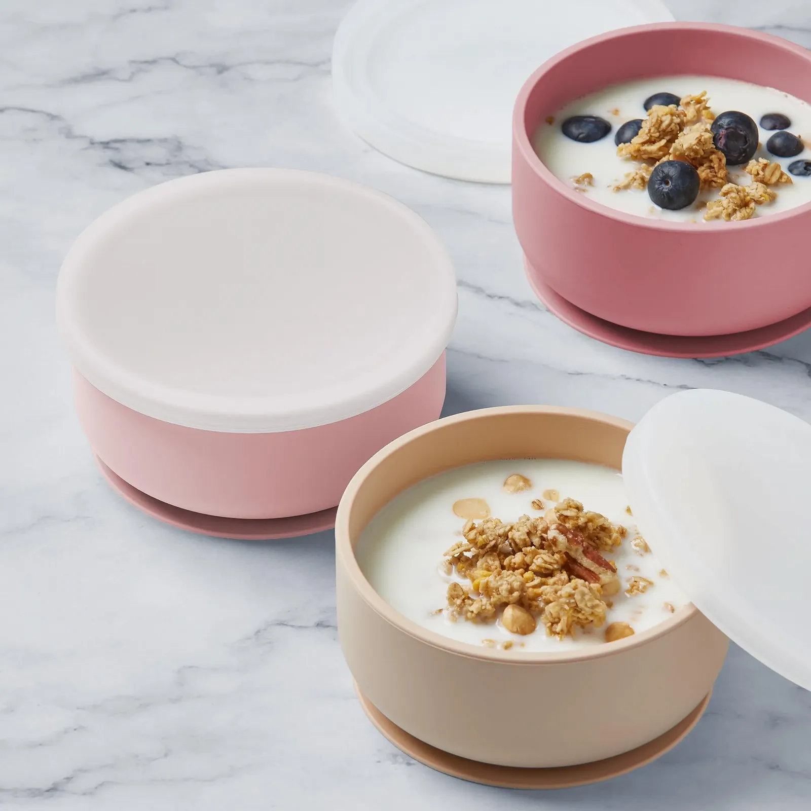 Миска з кришкою та присоскою Силікон від 6 місяців рожевий, ніжно-рожевий та бежевий, фото №3 Миска з кришкою та присоскою Силікон від 6 місяців рожевий, ніжно-рожевий та бежевий, фото №3