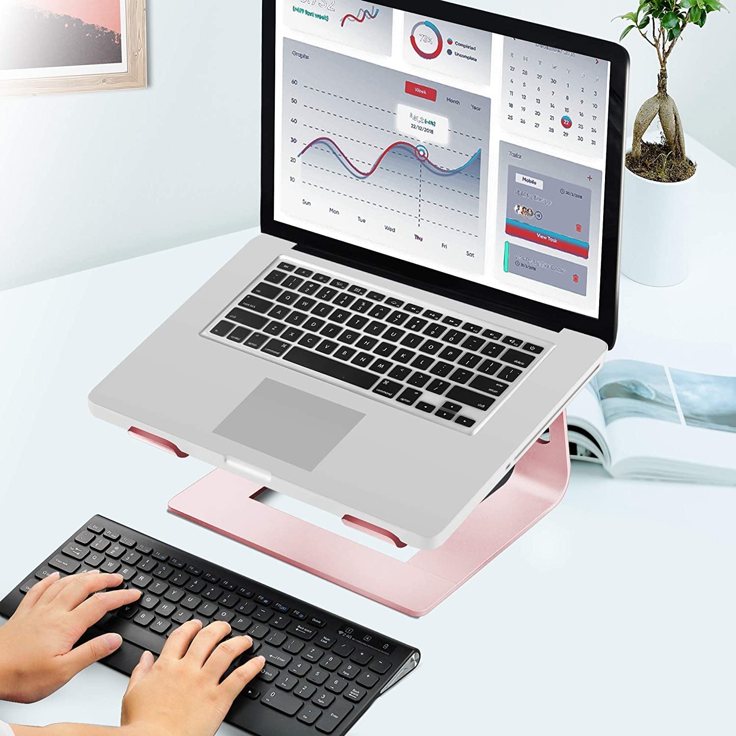 Подставка для ноутбука Orionstar, эргономичная подставка для ноутбука для стола, алюминиевый держатель для ноутбука с вентиляцией, подставка для ноутбука, совместимая с MacBook Air Pro, Samsung Notebook 10-15.6 дюймов, розовая, фото №6