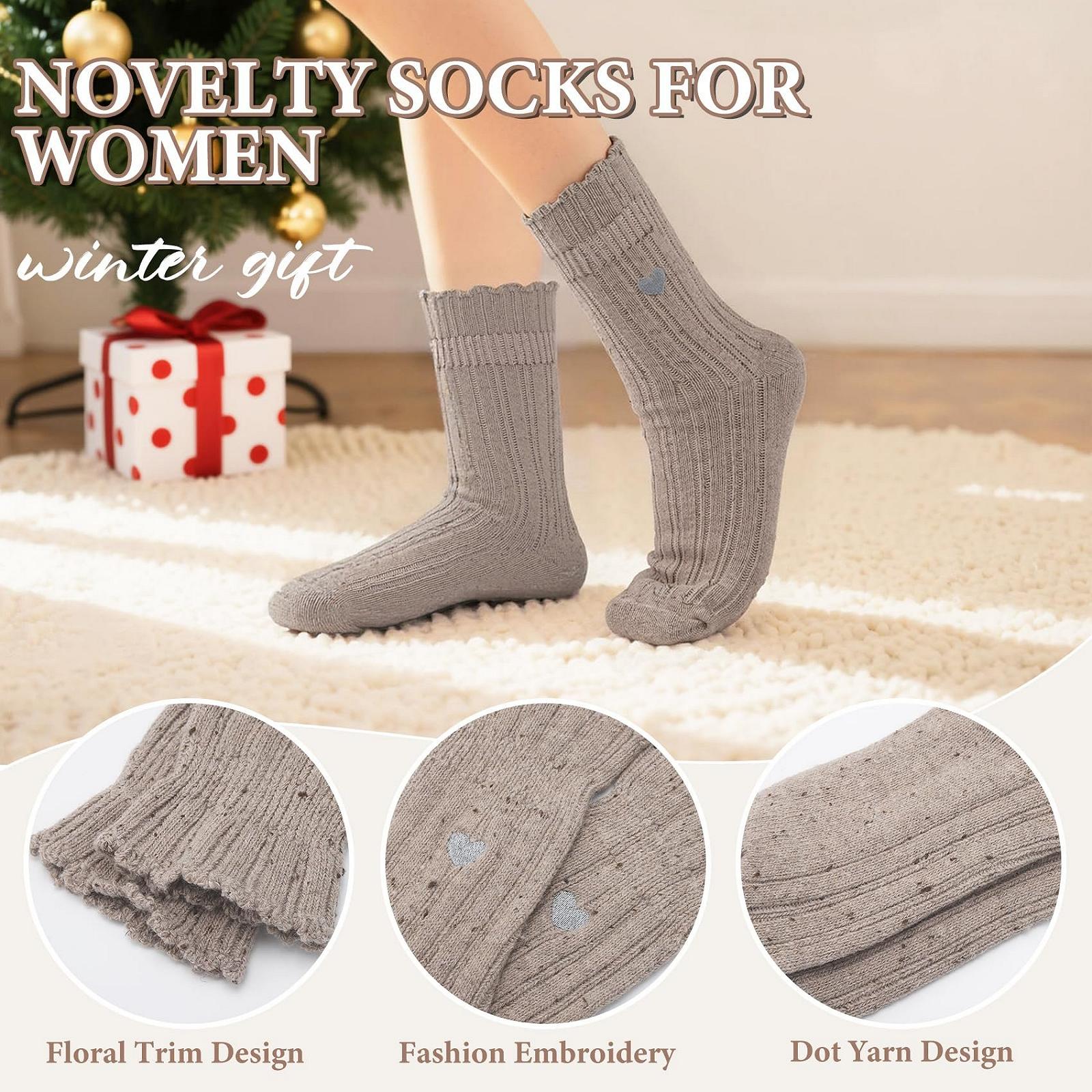 Шерстяные носки из мериноса женские (4 пары) Термоноски шерстяные женские Вышитые в горошек Милые носки для зимы Повседневные оригинальные подарки для девушек, фото №3