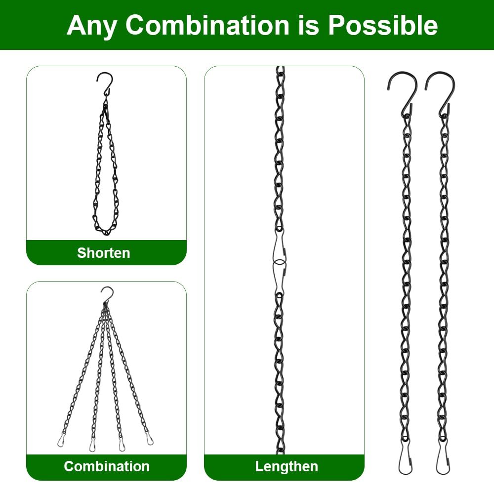 Ланцюги для підвісних кошиків 4 шт. Металеві 50 см з гачками та карабінами Чорні, фото №6 Ланцюги для підвісних кошиків 4 шт. Металеві 50 см з гачками та карабінами Чорні, фото №6