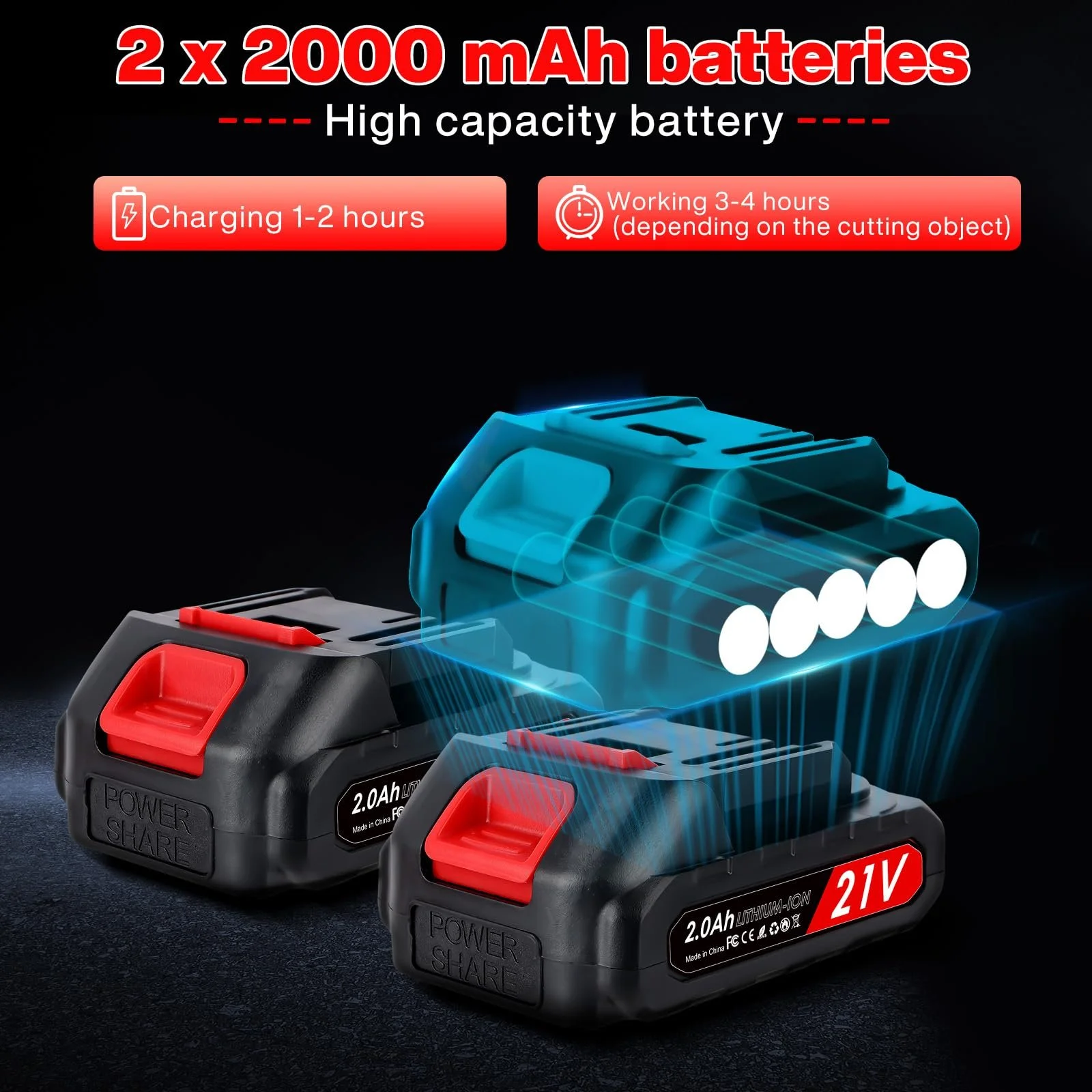 Акумуляторні сучкорізи MISTRO з лезами SK7 50 мм, портативні ріжучі ножиці з 2 акумуляторами 21 В, фото №5