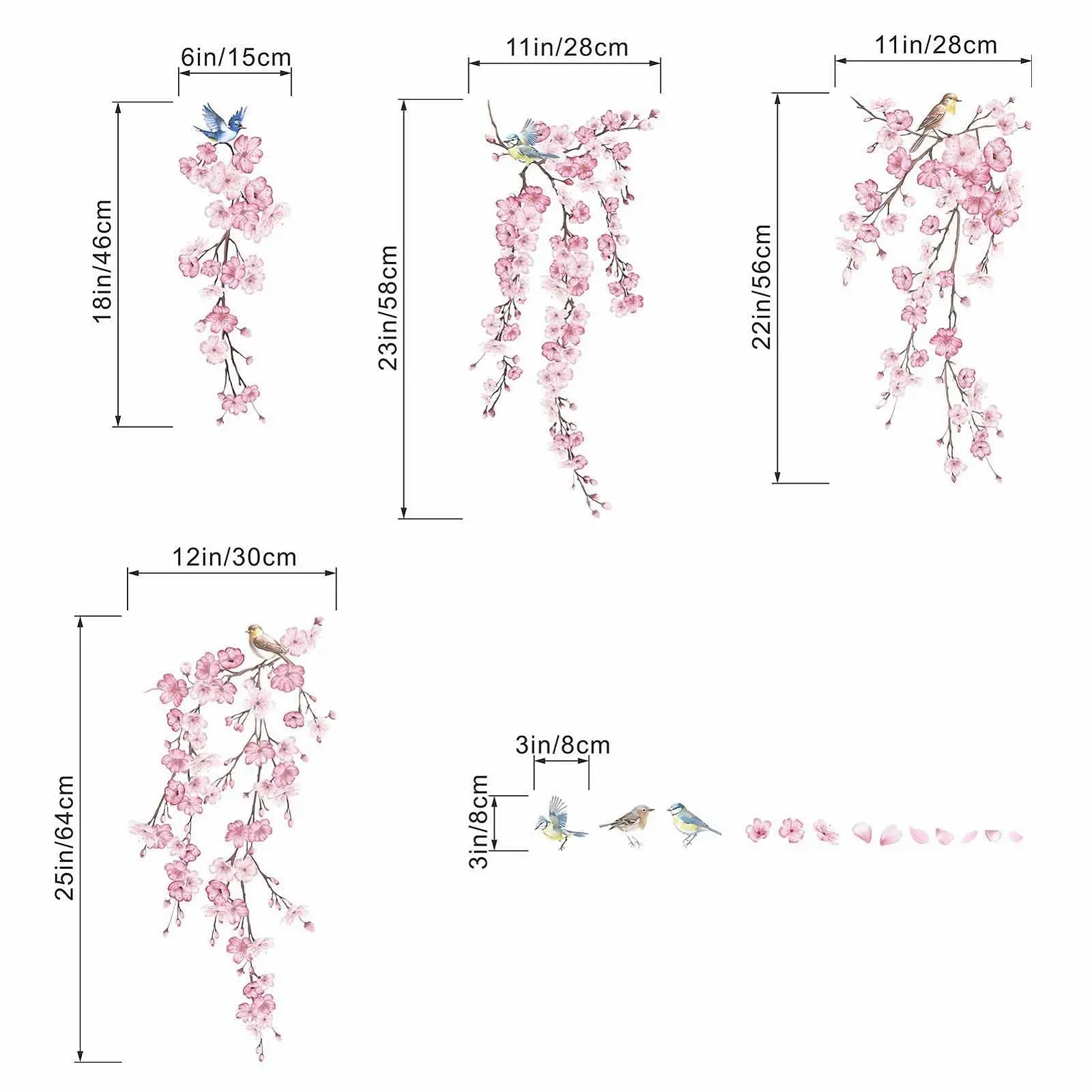 Наклейки на стіну Amimagen Гілка квітучої сакури птахи рожеві квіти для спальні та вітальні, фото №1