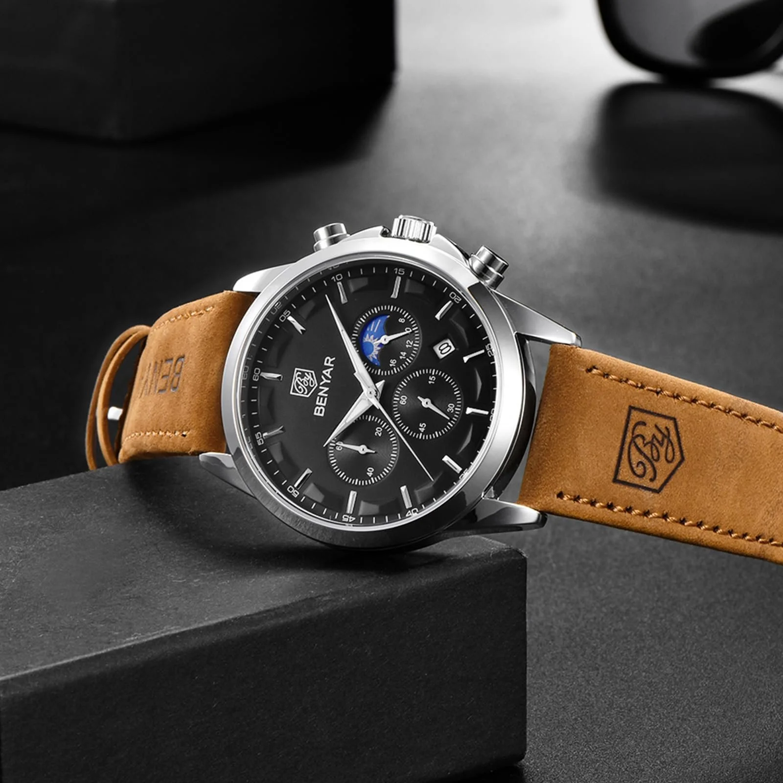 Чоловічий годинник Benyar Хронограф Аналоговий Кварцовий Чорний циферблат Шкіряний ремінець, фото №6