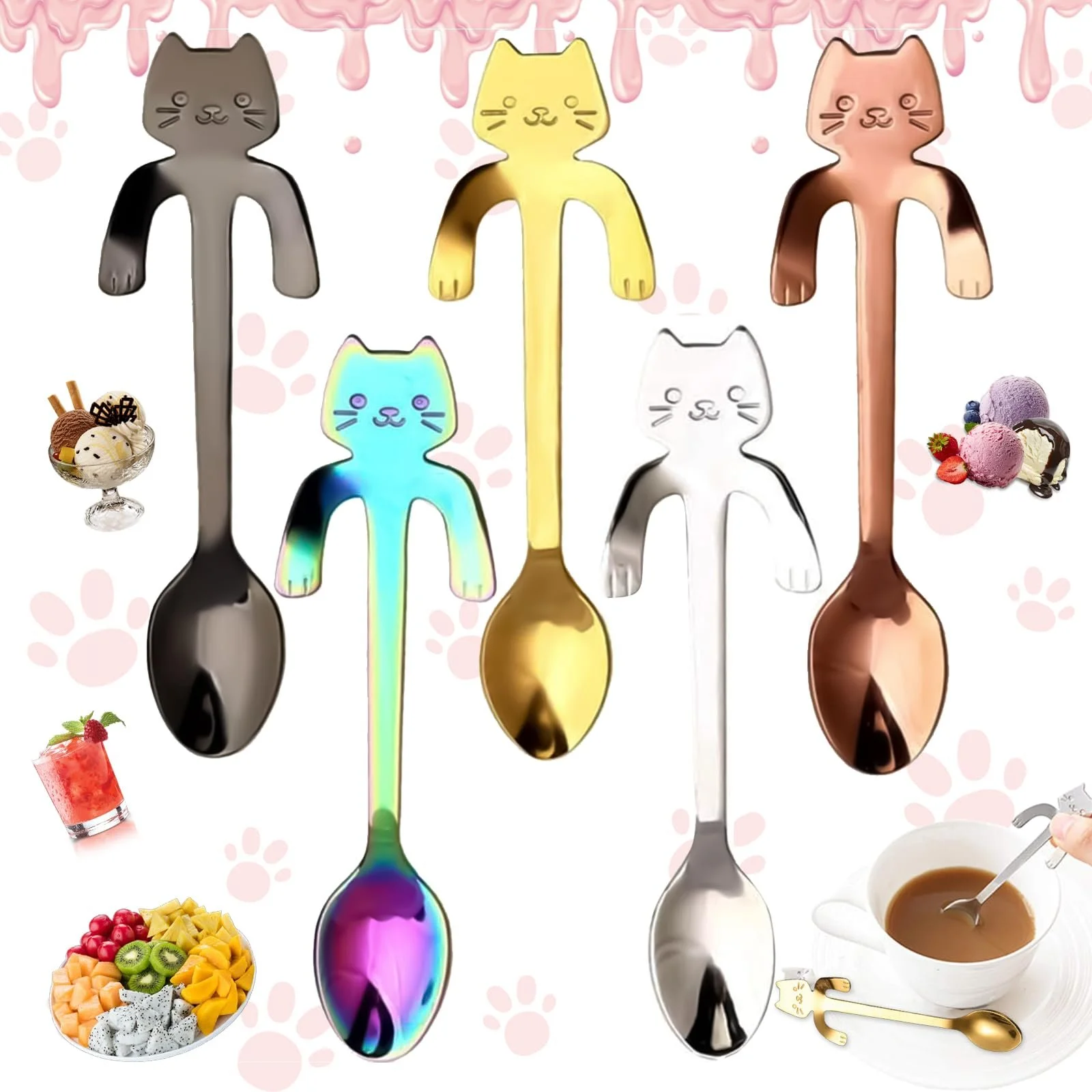 Кофейная ложка из нержавеющей стали, 5 штук, ложка для чая в форме кота, мини-ложка для размешивания воды, чая, молока, кофе, супа, сахара, десертов, закусок, специй, напитков, молочных коктейлей, фото №1