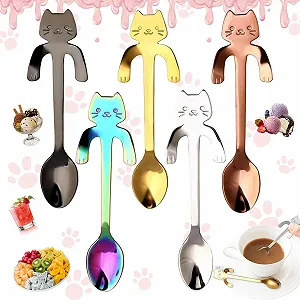 Кофейная ложка из нержавеющей стали, 5 штук, ложка для чая в форме кота, мини-ложка для размешивания воды, чая, молока, кофе, супа, сахара, десертов, закусок, специй, напитков, молочных коктейлей - Фото 1