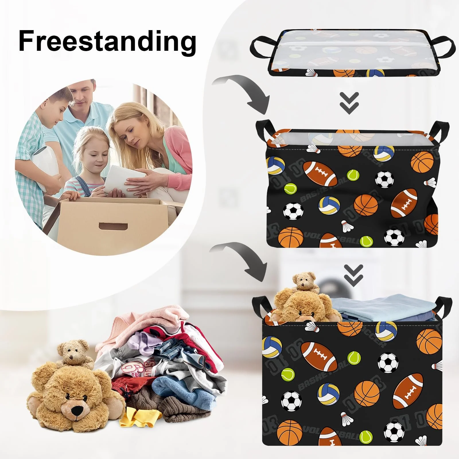 Корзина HUUMONSS Для игрушек в виде спортивных мячей, детская, складная, большая черная, 36 л, фото №3 Корзина HUUMONSS Для игрушек в виде спортивных мячей, детская, складная, большая черная, 36 л, фото №3