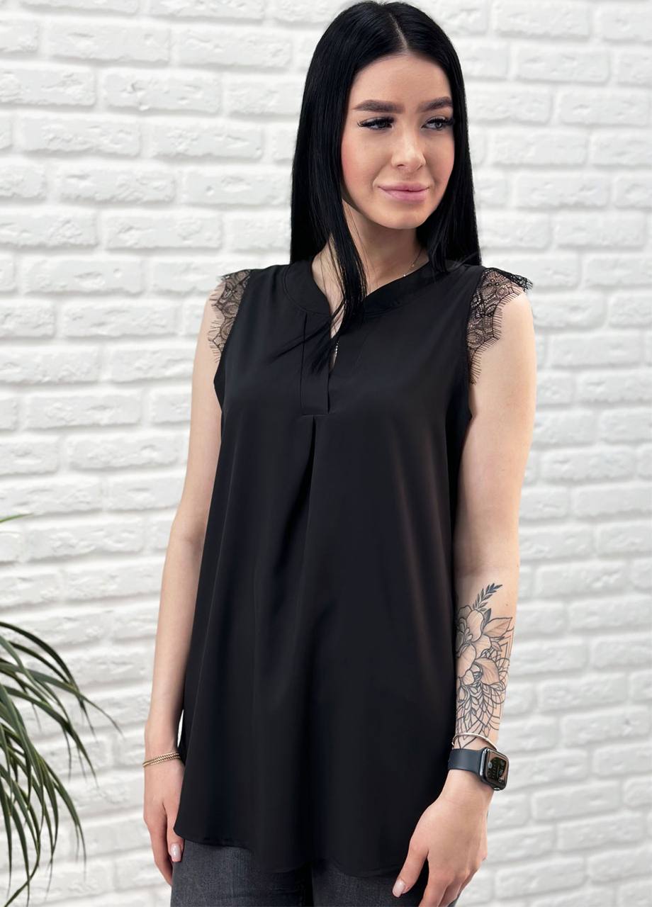 Женская легкая летняя удлиненная блуза с кружевом GF04171 цвет черный размер 48, фото №2