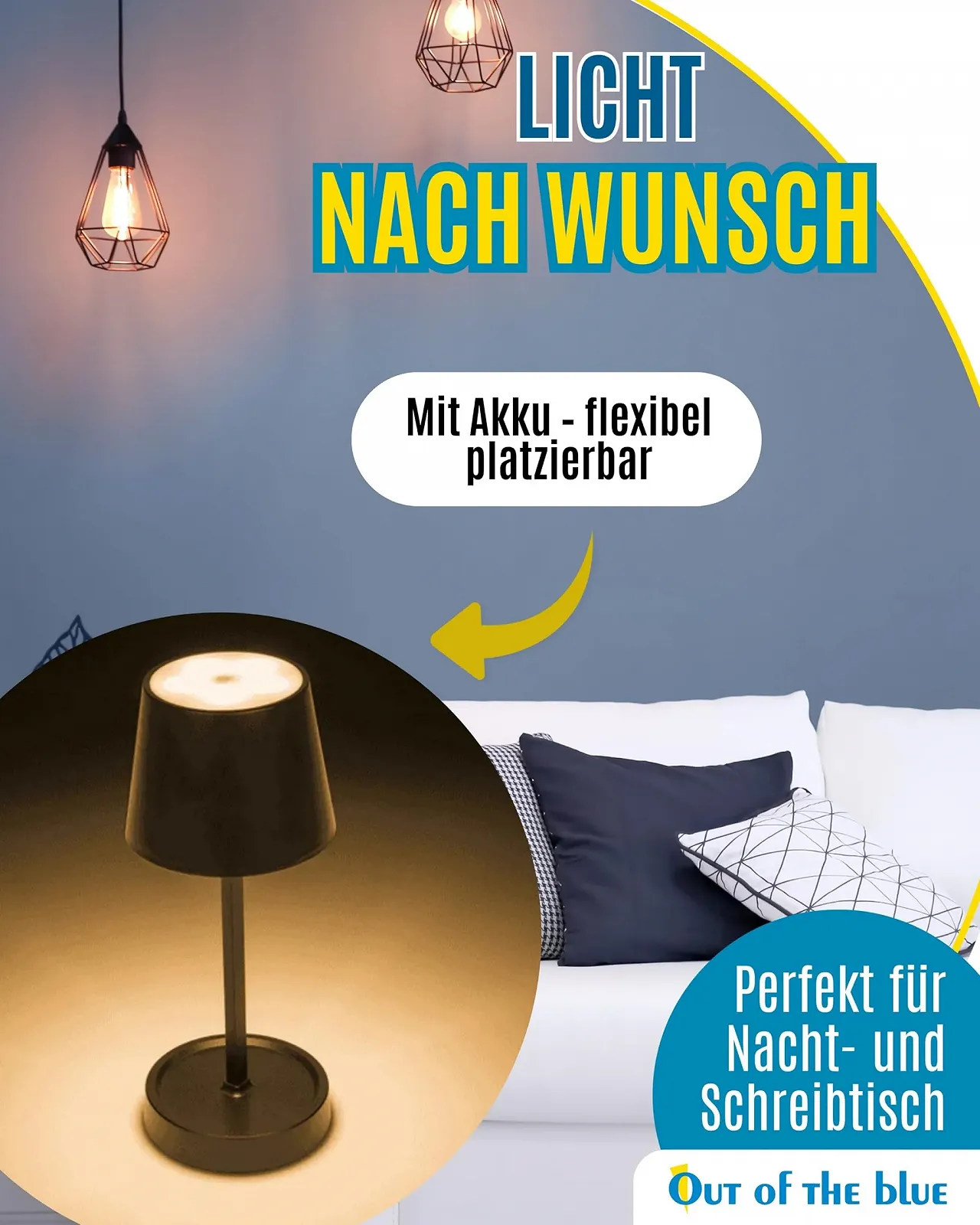 Настільна лампа Out of the blue LED 26 x 10.5 см, пластикова, 3 рівні яскравості, з USB-кабелем та акумулятором, чорна, фото №3