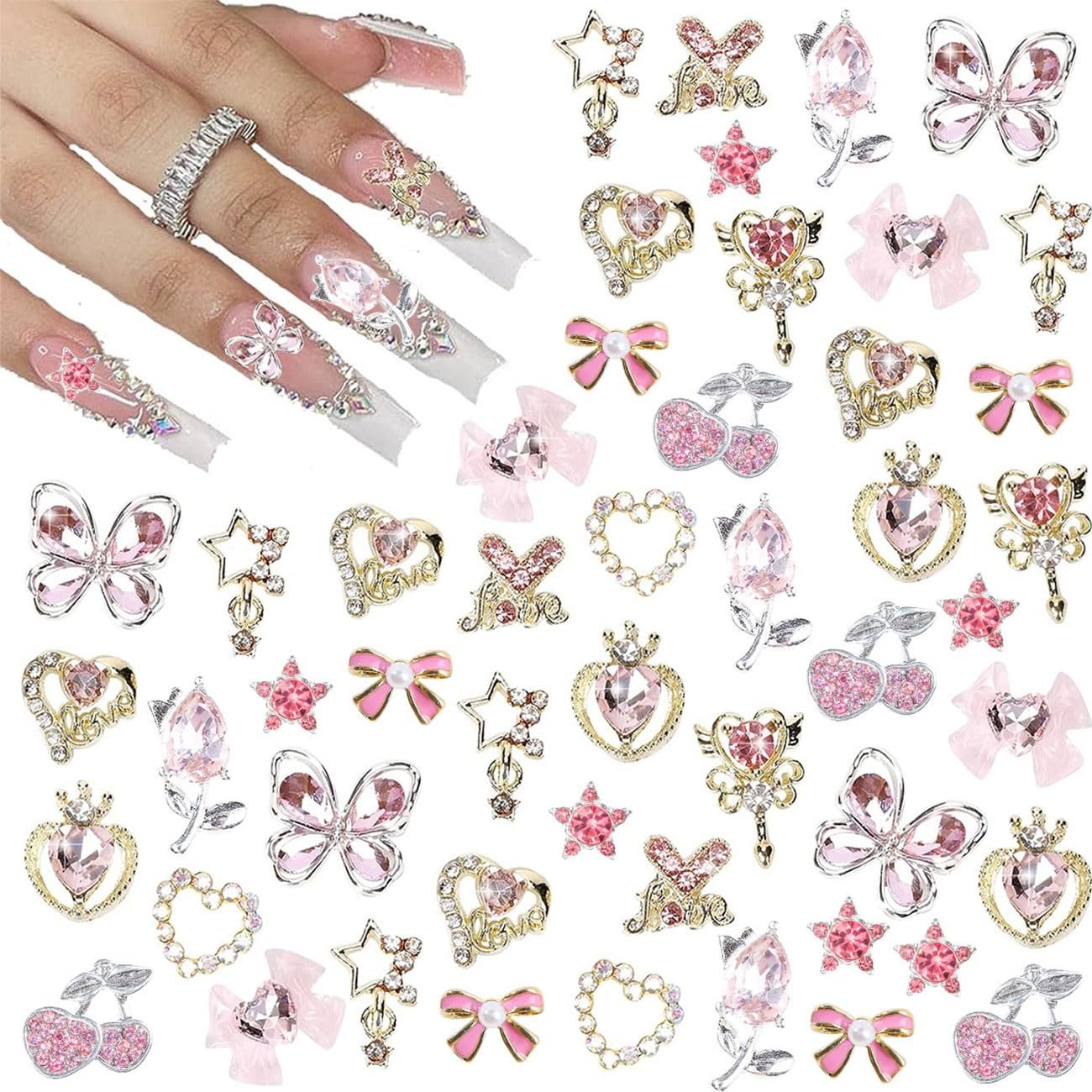 Набір прикрас для нігтів (24 шт.) Квіти Прикраса для нігтів Вишня Зірка Бант Камені Блискітки, фото №1