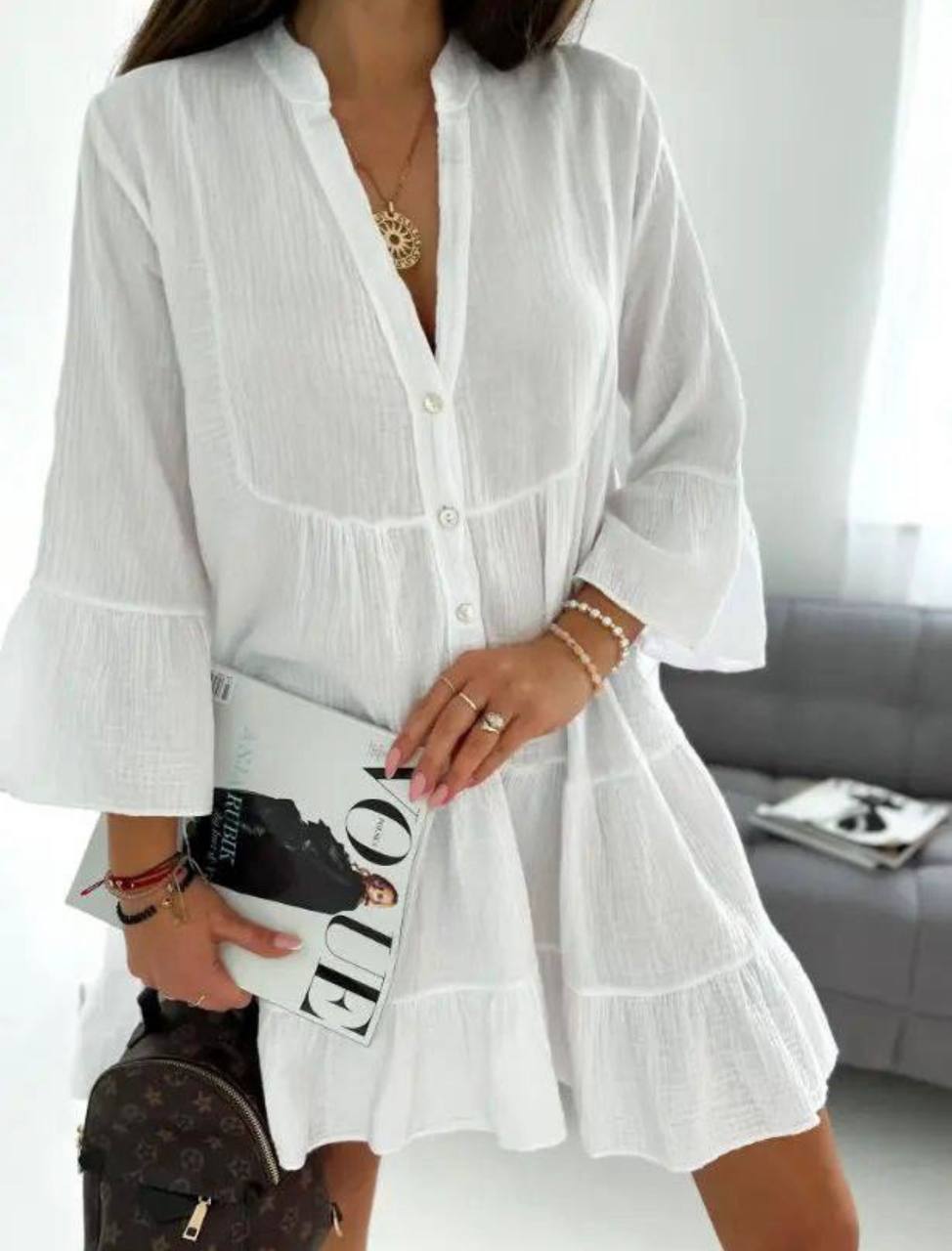 Женское короткое летнее платье из муслина CO65 цвет белый размер 42/46, фото №1 Женское короткое летнее платье из муслина CO65 цвет белый размер 42/46, фото №1