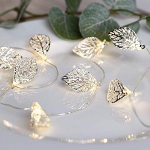 Гирлянда Lights4fun Micro LED, теплый белый, серебряные листья, питание от батареек, таймер - Фото 1