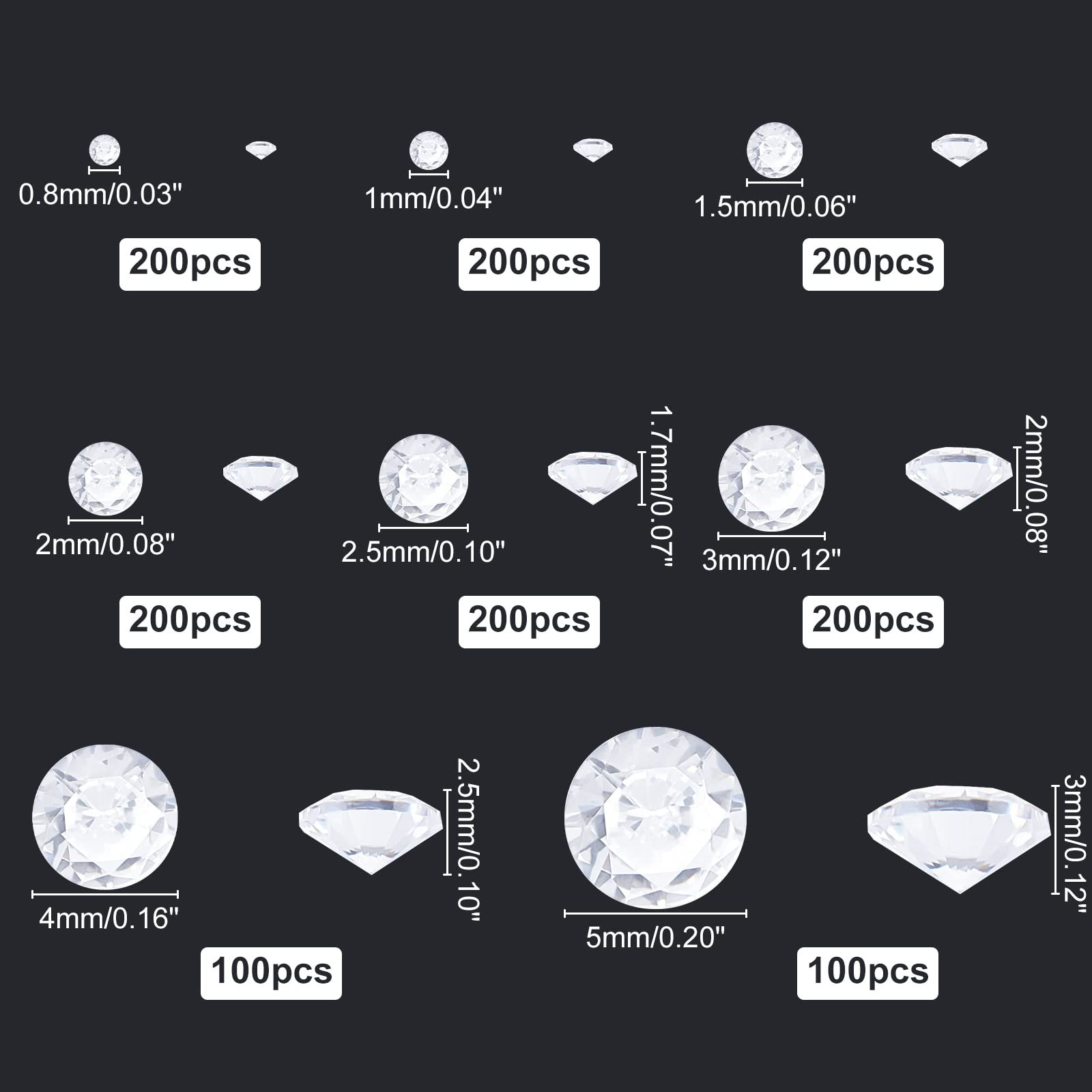 Камни Cubic Zirconia Прозрачный 8 Размеров 0.8~5мм CZ Rhinestones с огранкой Класса A Кабошоны с заостренной задней частью для колец серег браслетов ногтей для изготовления ювелирных изделий, фото №5